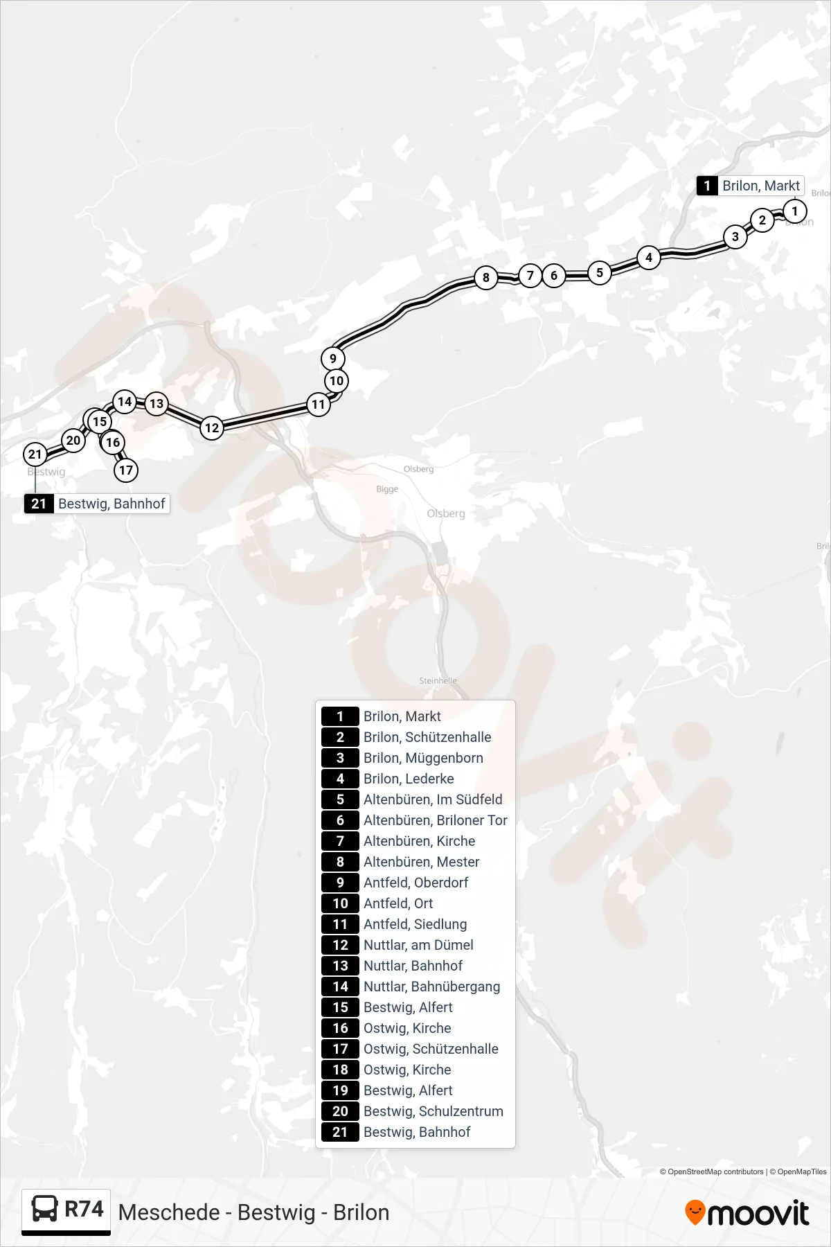 R74 bus Line (Bestwig) route and stops on a map