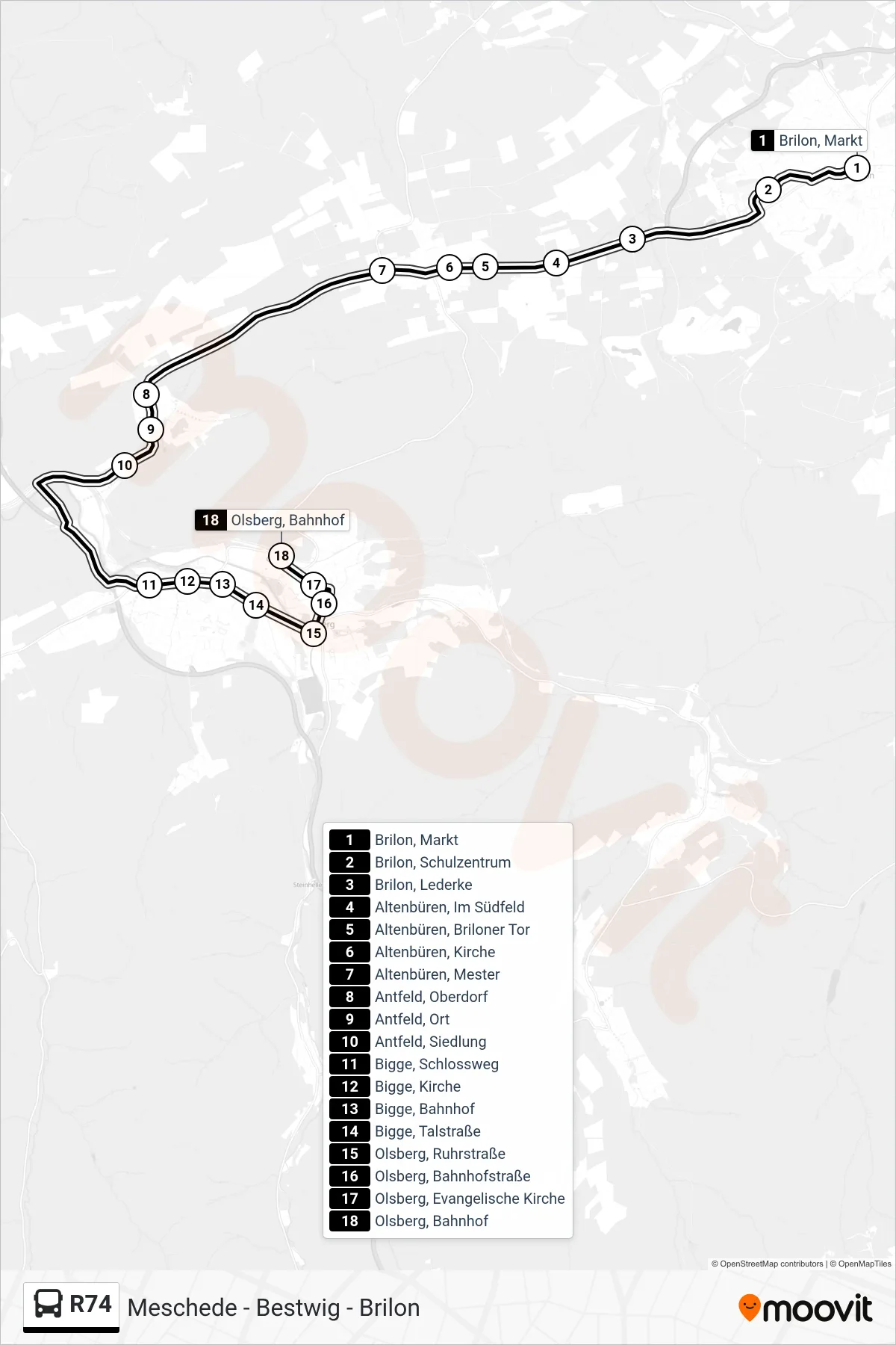 R74 bus Line (Olsberg) route and stops on a map