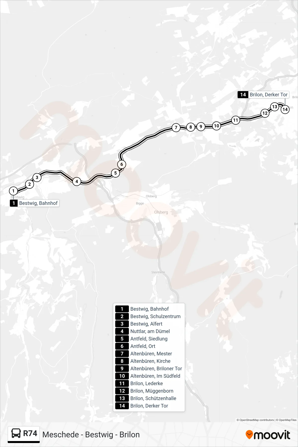 R74 bus Line (Brilon) route and stops on a map
