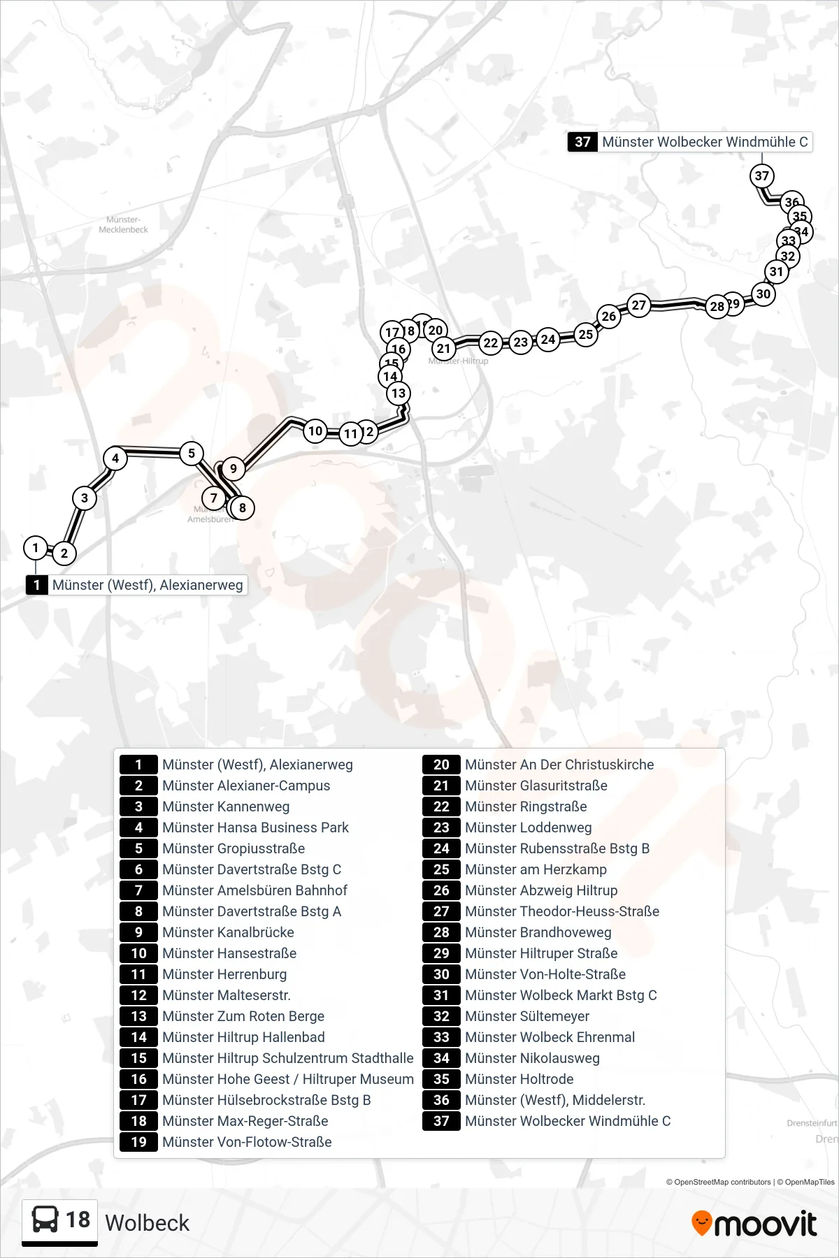 18 bus Line (Wolbeck) route and stops on a map
