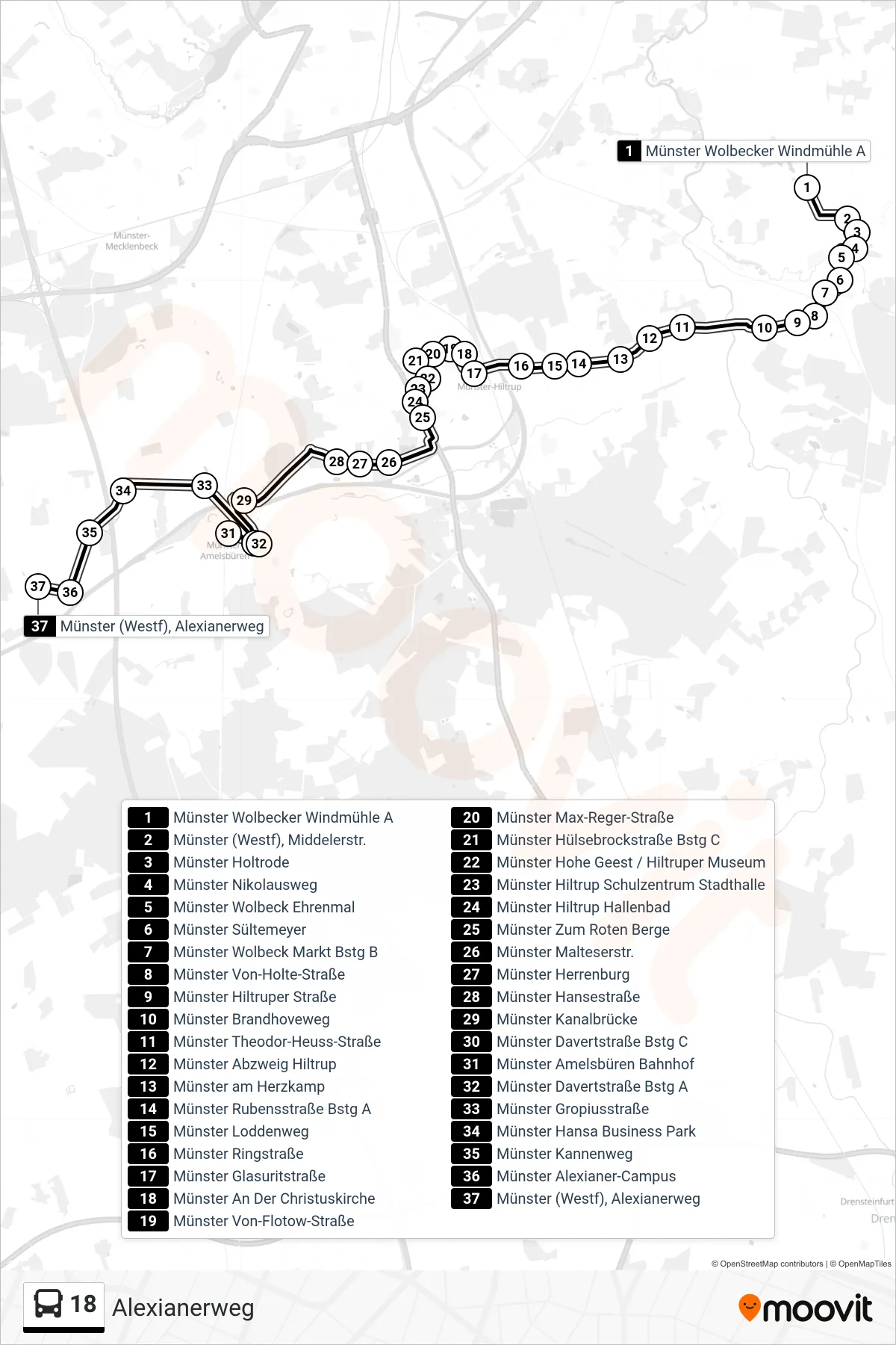 Linie 18 (Bus) Richtung Alexianerweg: Route und Haltestellen auf der Karte