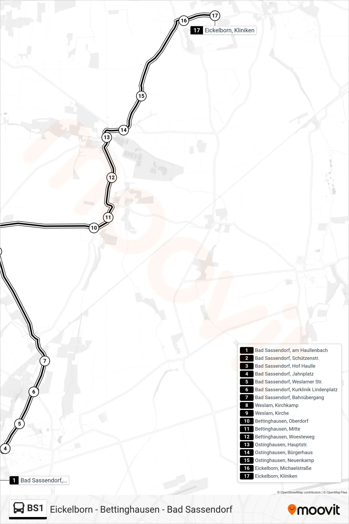 BS1 bus Line (Eickelborn Klinik) route and stops on a map