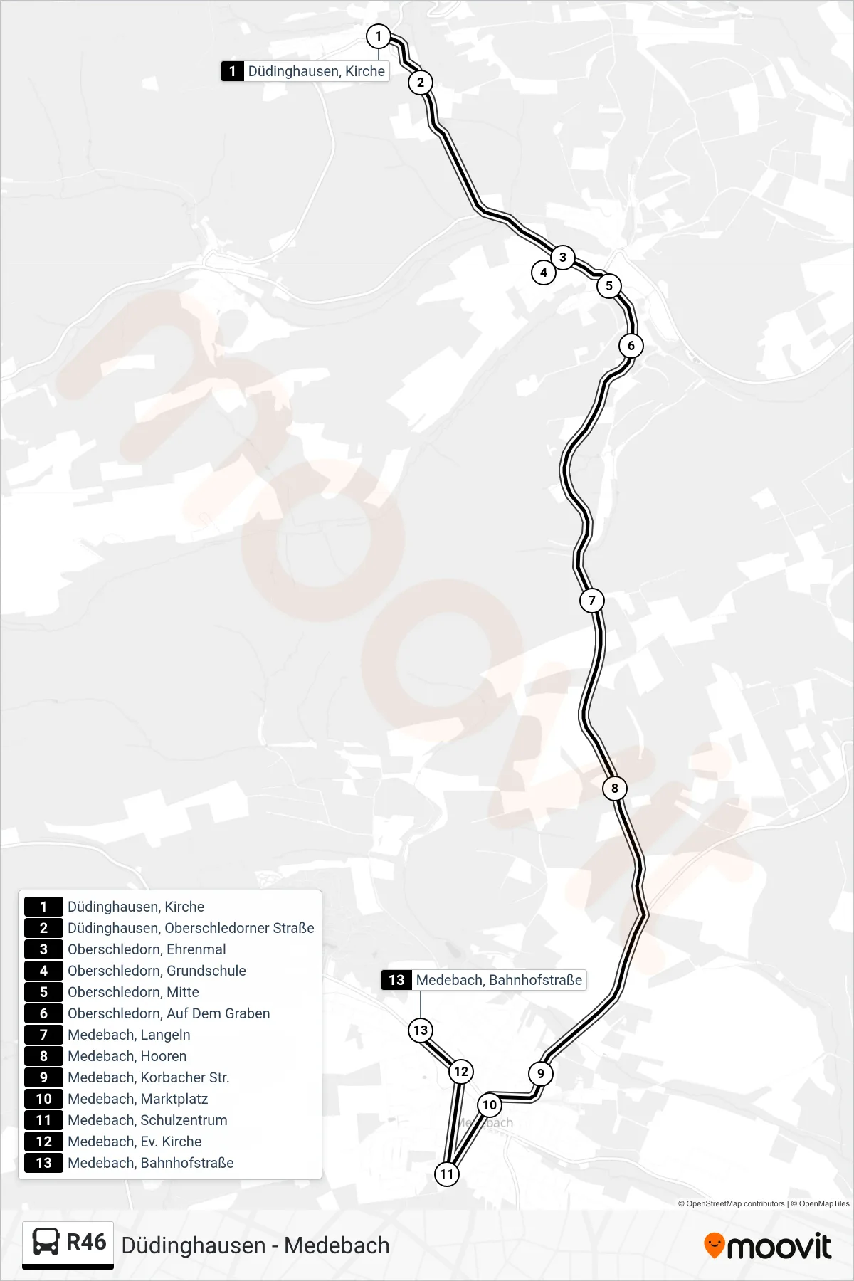 R46 bus Line (Medebach, Bahnhofstraße) route and stops on a map