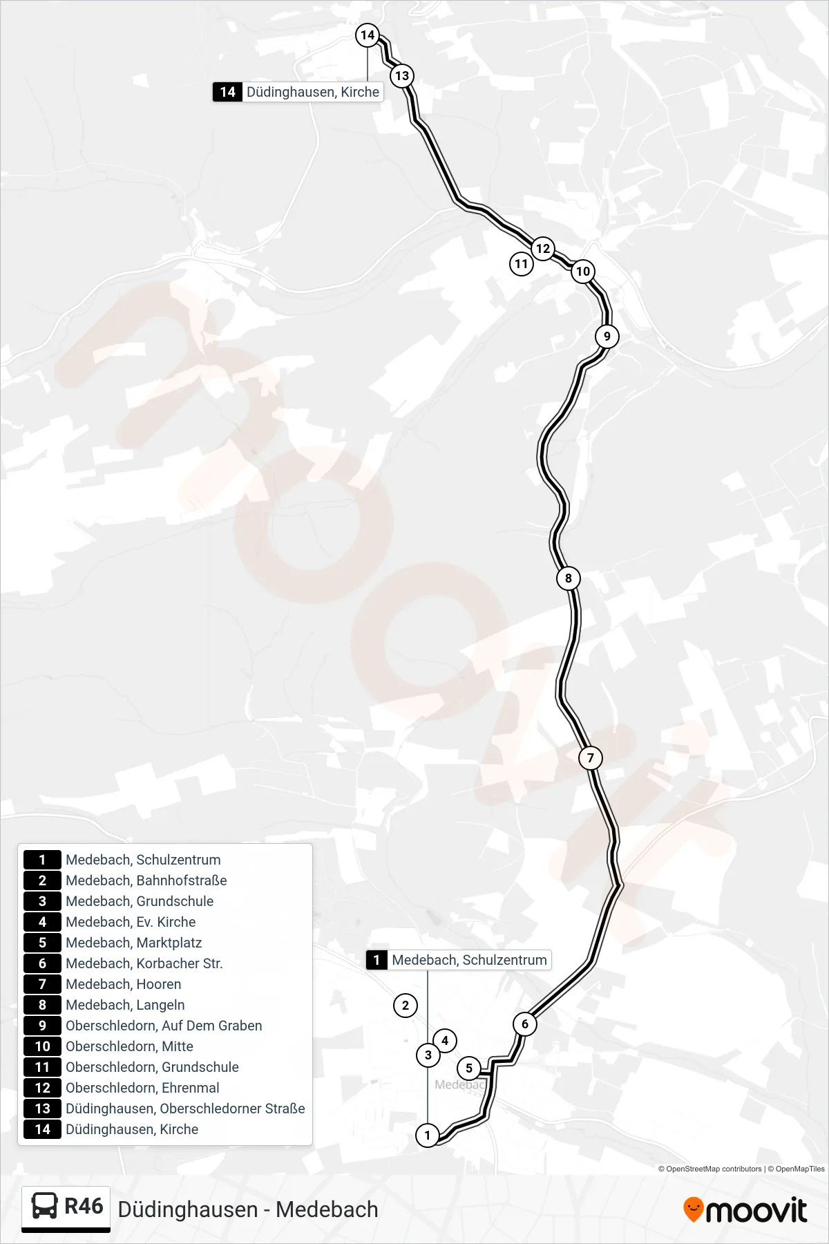 R46 bus Line (Düdinghausen, Kirche) route and stops on a map