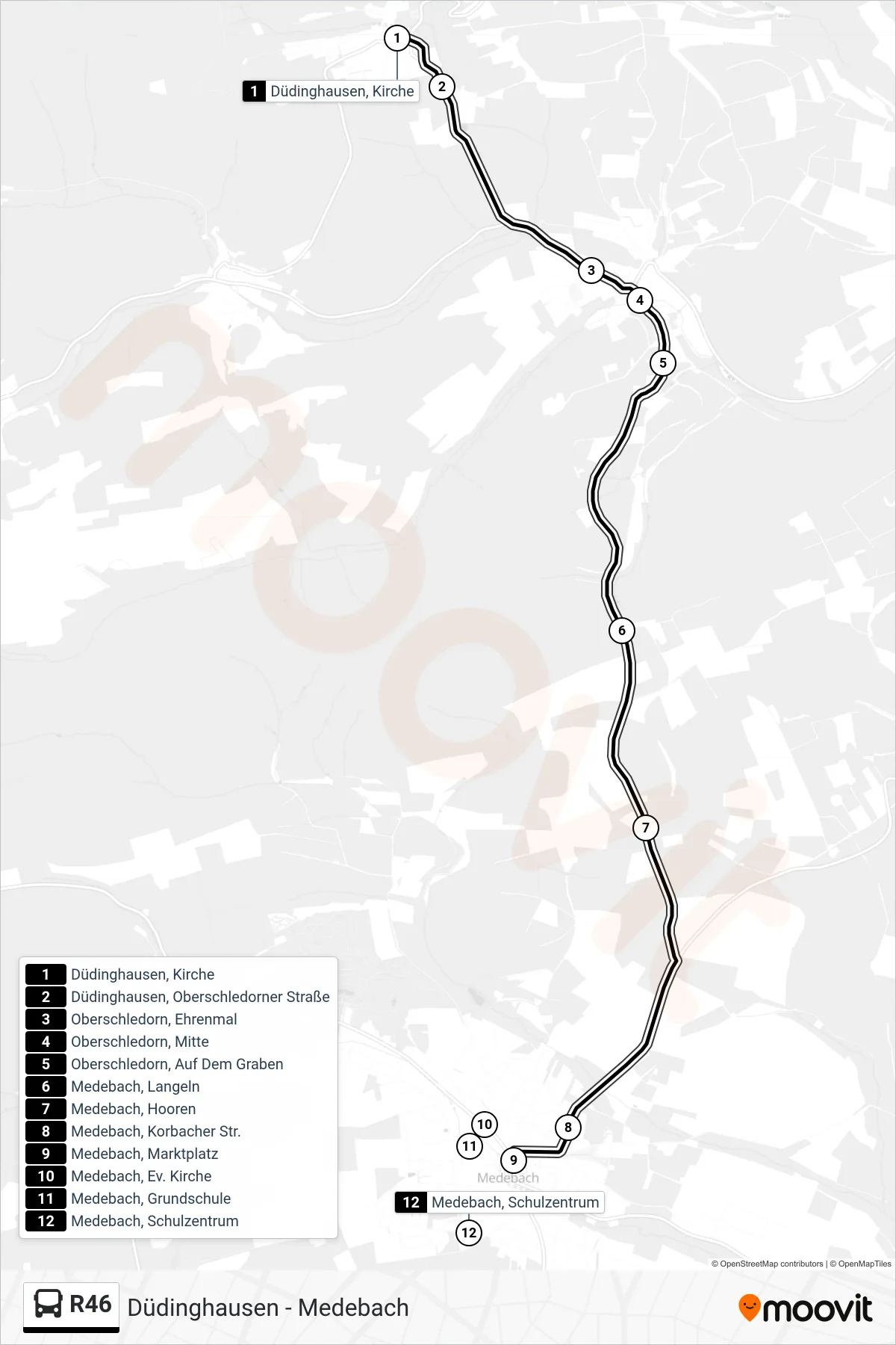 Linie R46 (Bus) Richtung Medebach, Marktplatz: Route und Haltestellen auf der Karte