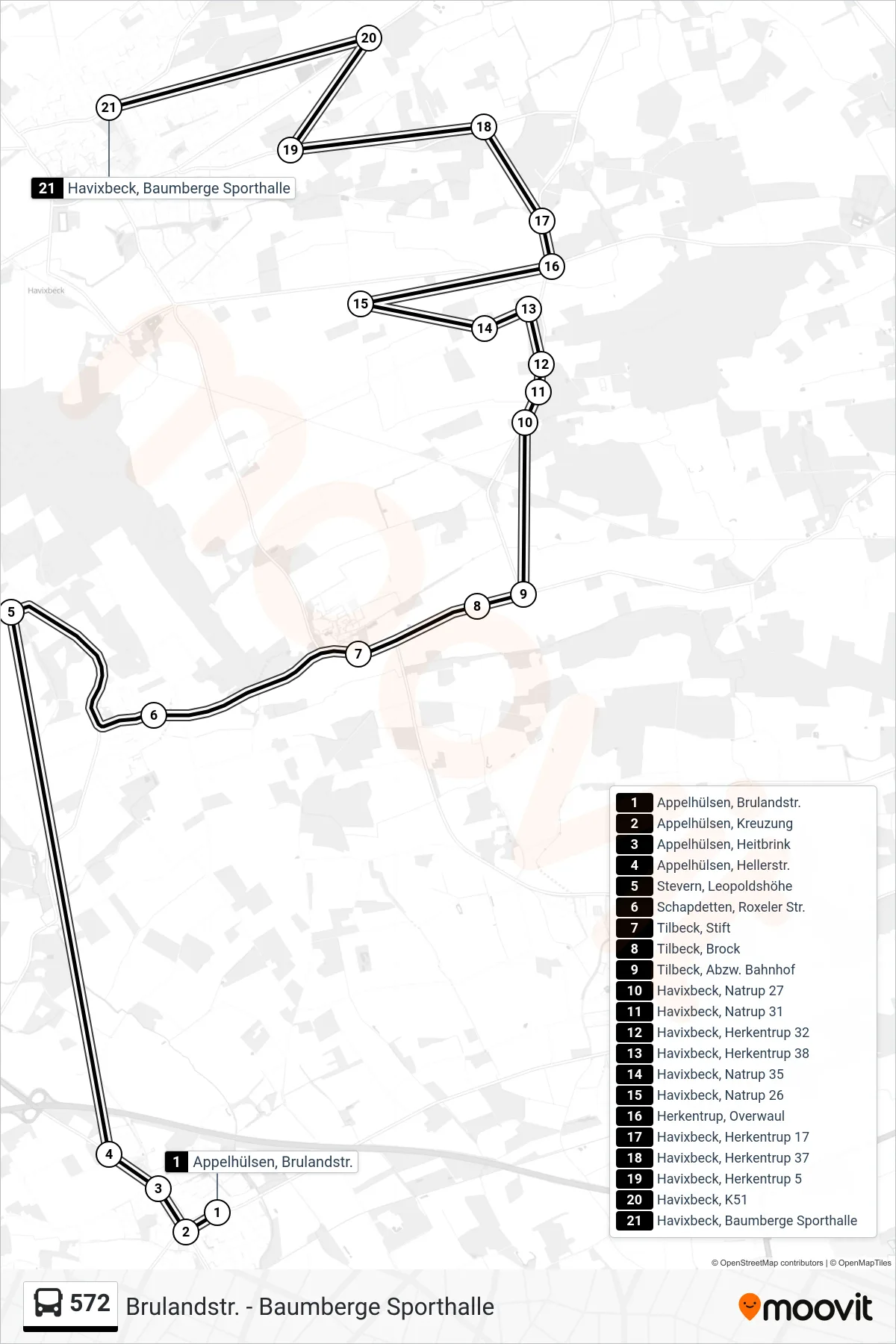 572 bus Line (Havixbeck, Baumberge Sporthalle) route and stops on a map