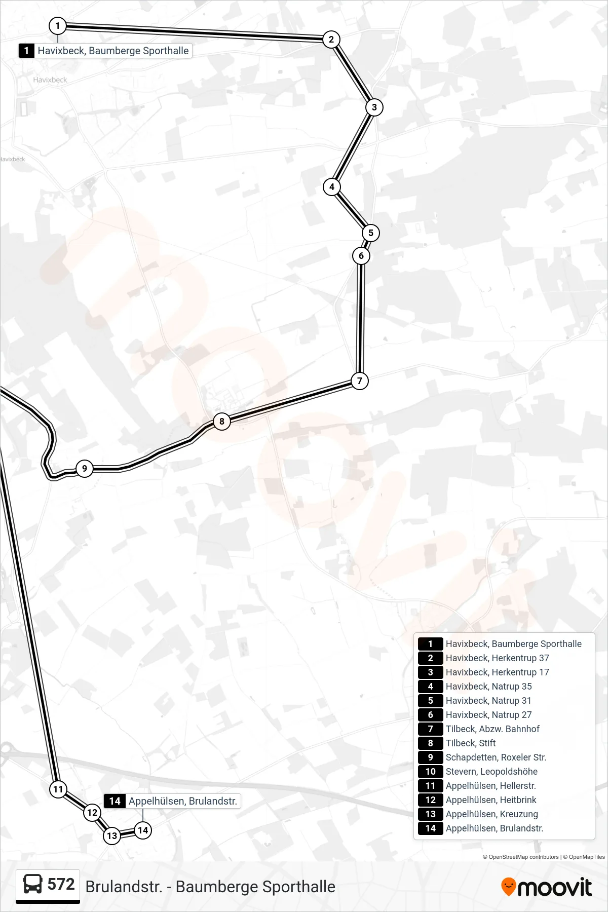 Linie 572 (Bus) Richtung Appelhülsen, Brulandstr.: Route und Haltestellen auf der Karte