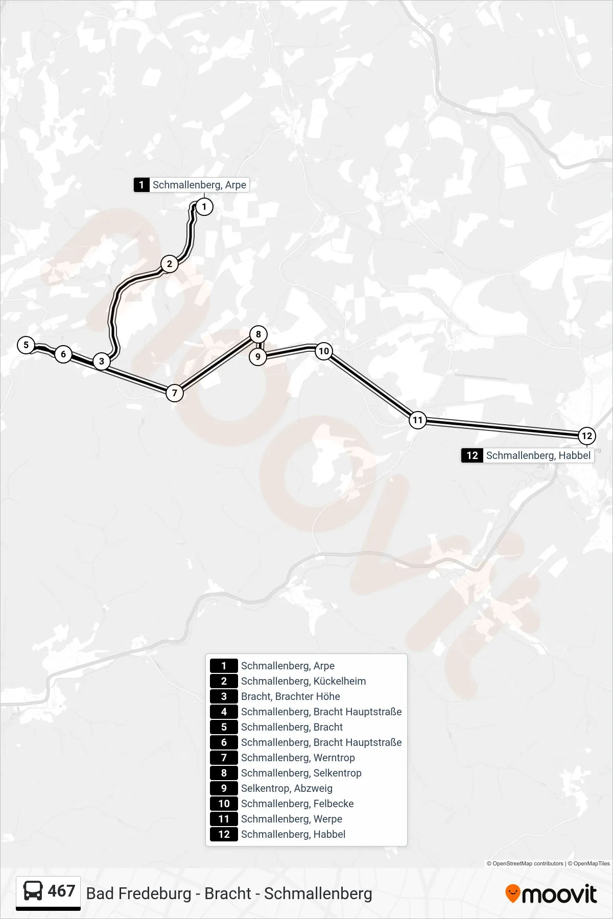 Linie 467 (Bus) Richtung Schmallenberg: Route und Haltestellen auf der Karte