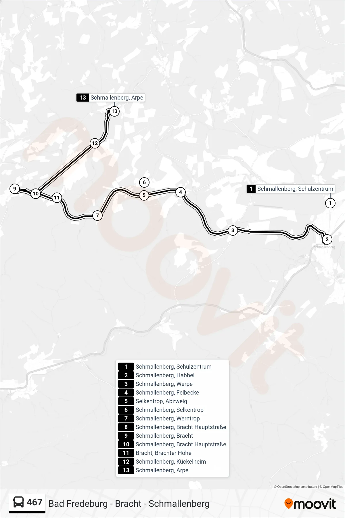 467 bus Line (Arpe) route and stops on a map
