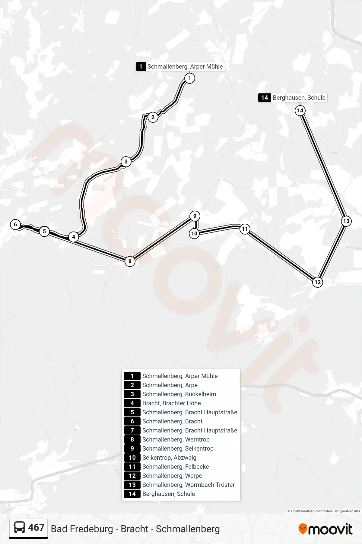 467 bus Line (Berghausen, Schule) route and stops on a map