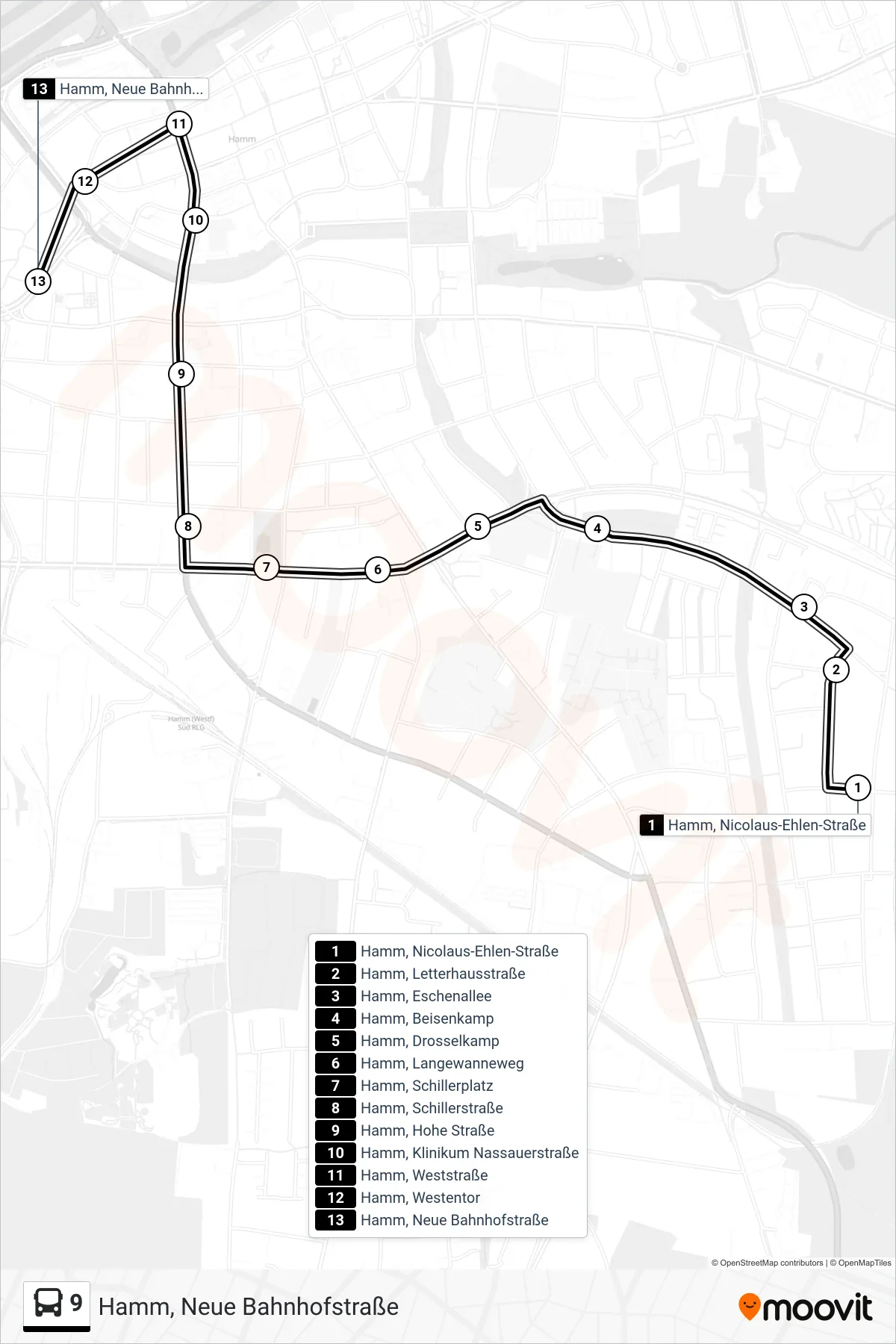 Linie 9 (Bus) Richtung Hamm, Neue Bahnhofstraße: Route und Haltestellen auf der Karte