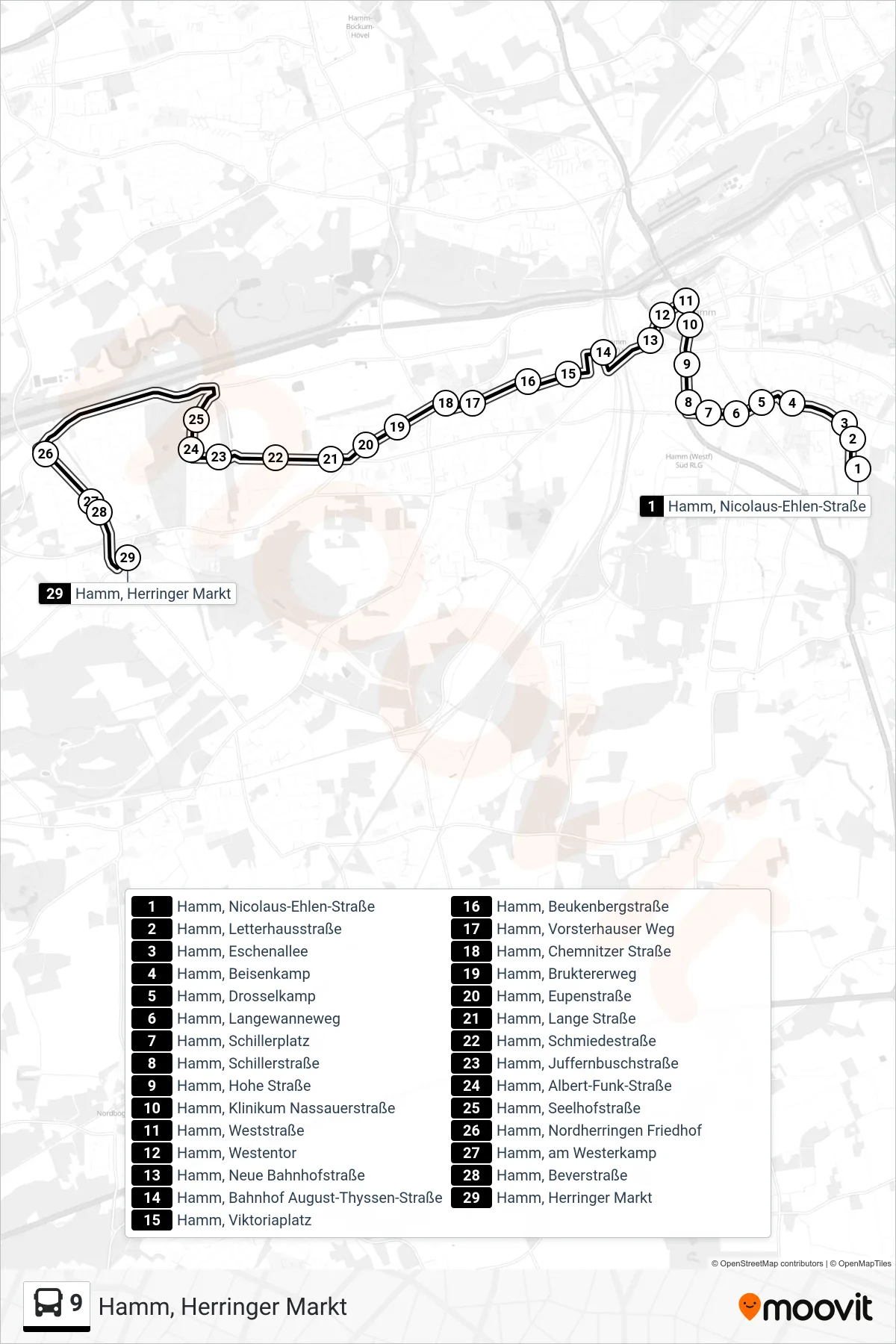 Linie 9 (Bus) Richtung Hamm, Herringer Markt: Route und Haltestellen auf der Karte