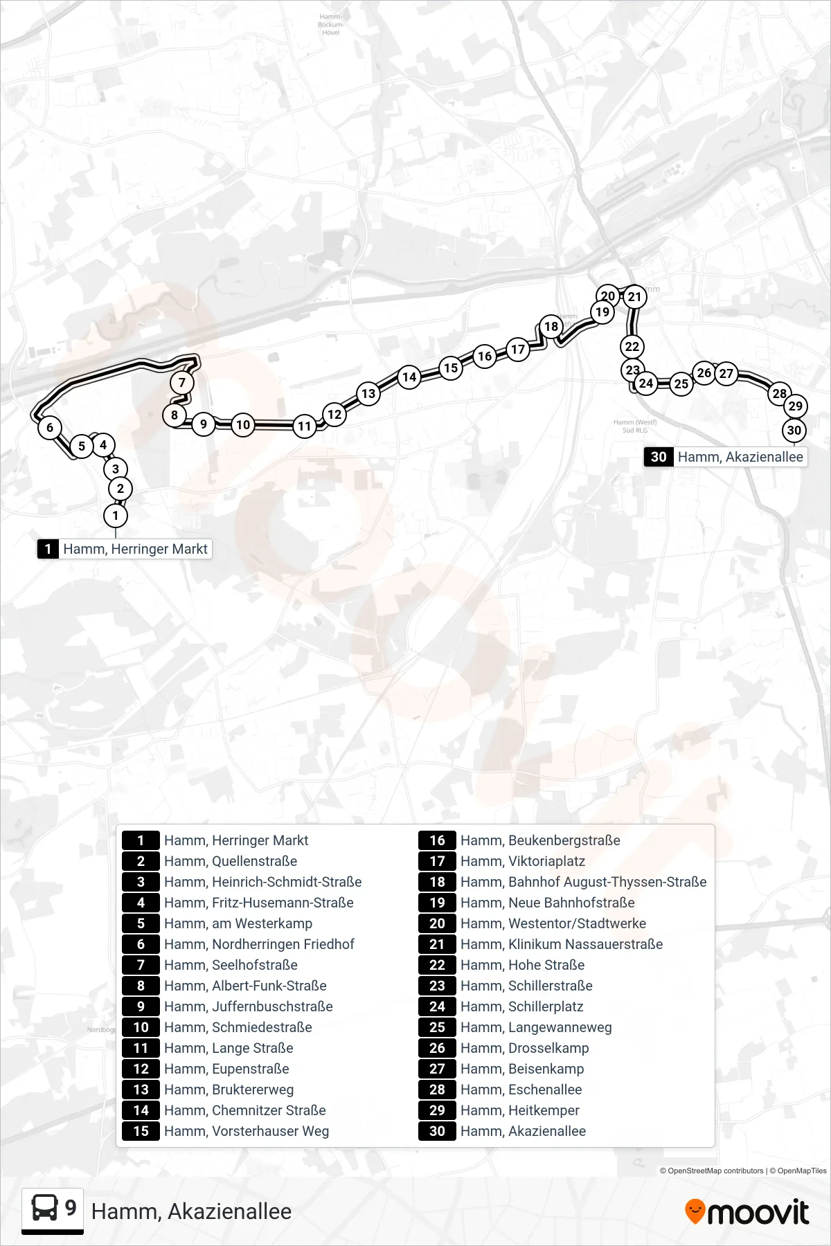 Linie 9 (Bus) Richtung Hamm, Akazienallee: Route und Haltestellen auf der Karte