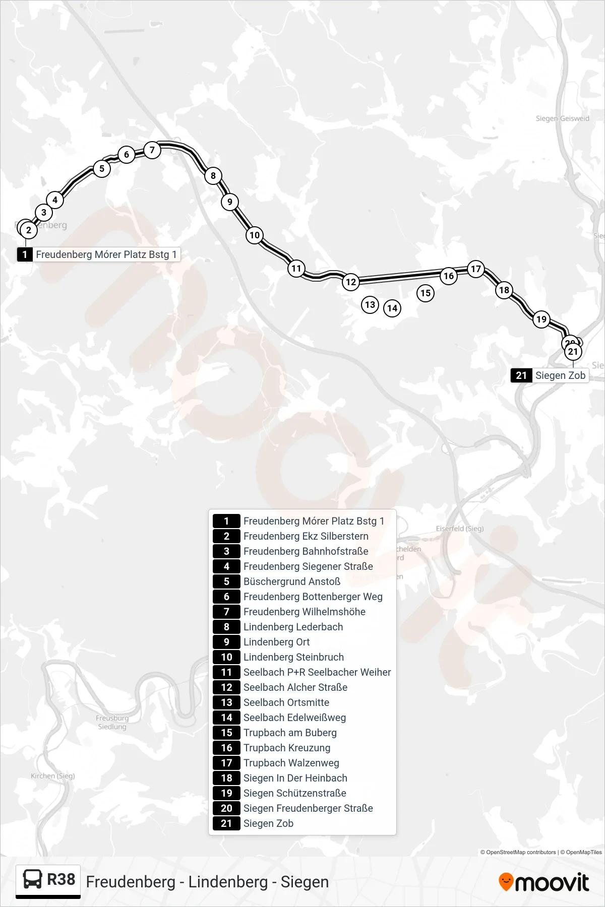 R38 bus Line (Siegen Zob Bstg B) route and stops on a map