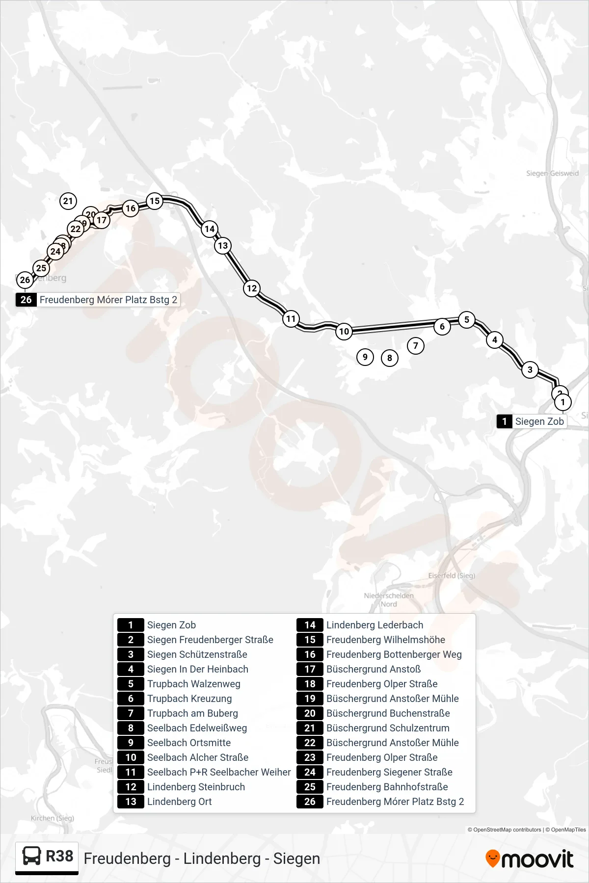 Linie R38 (Bus) Richtung Freudenberg Mórer Platz Bstg 2: Route und Haltestellen auf der Karte