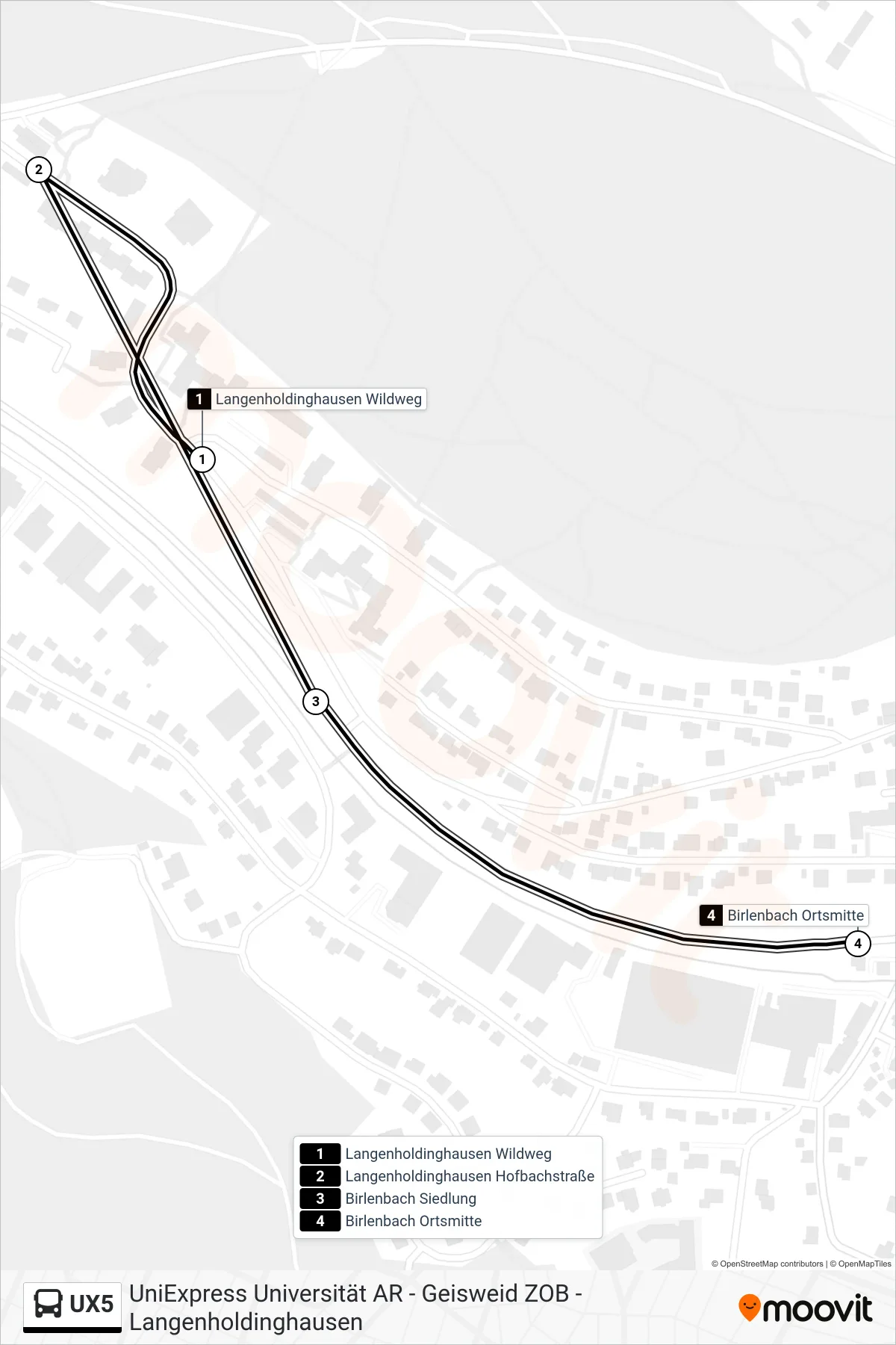UX5 bus Line (Birlenbach Ortsmitte) route and stops on a map
