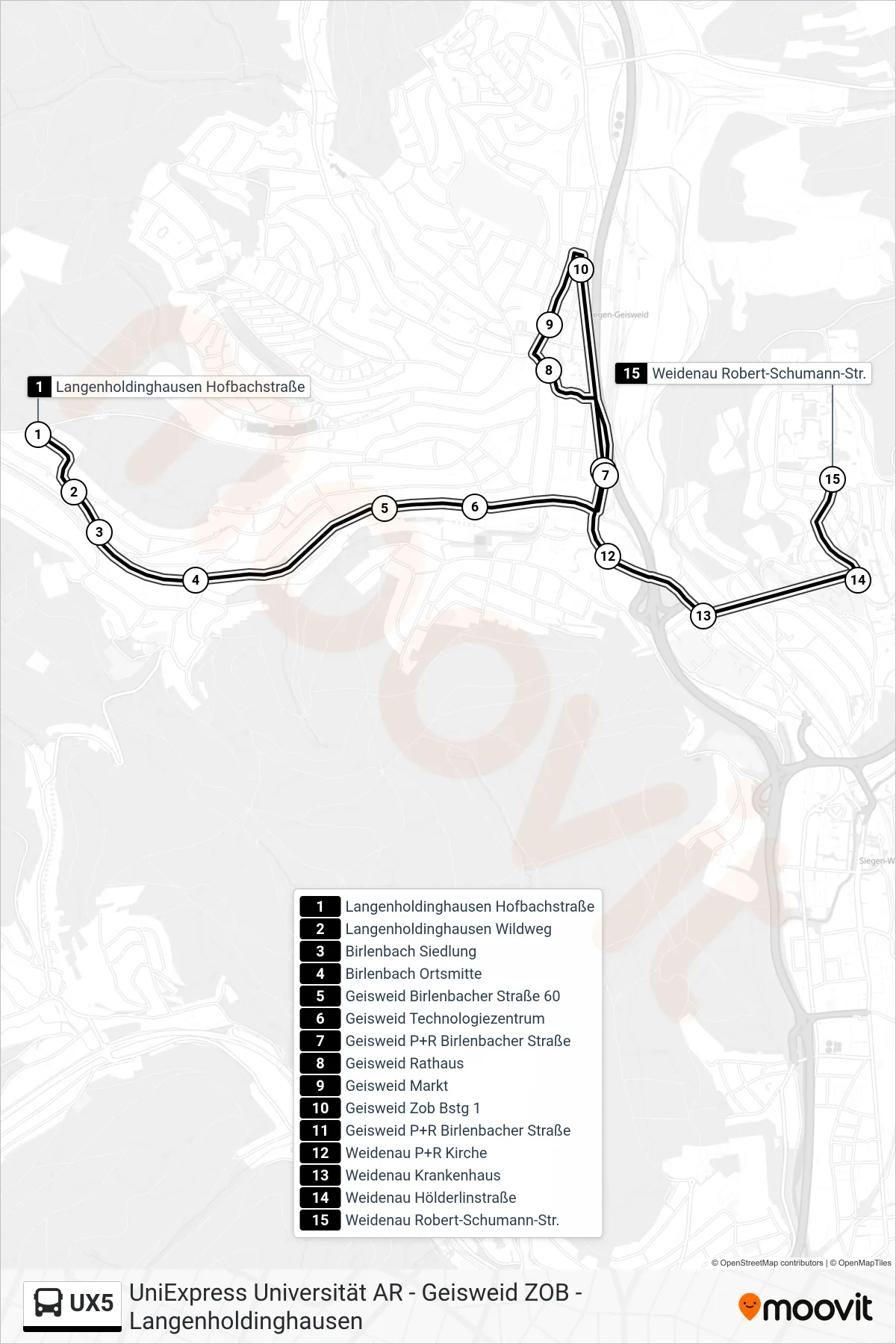 UX5 bus Line (Weidenau Robert-Schumann-Str.) route and stops on a map