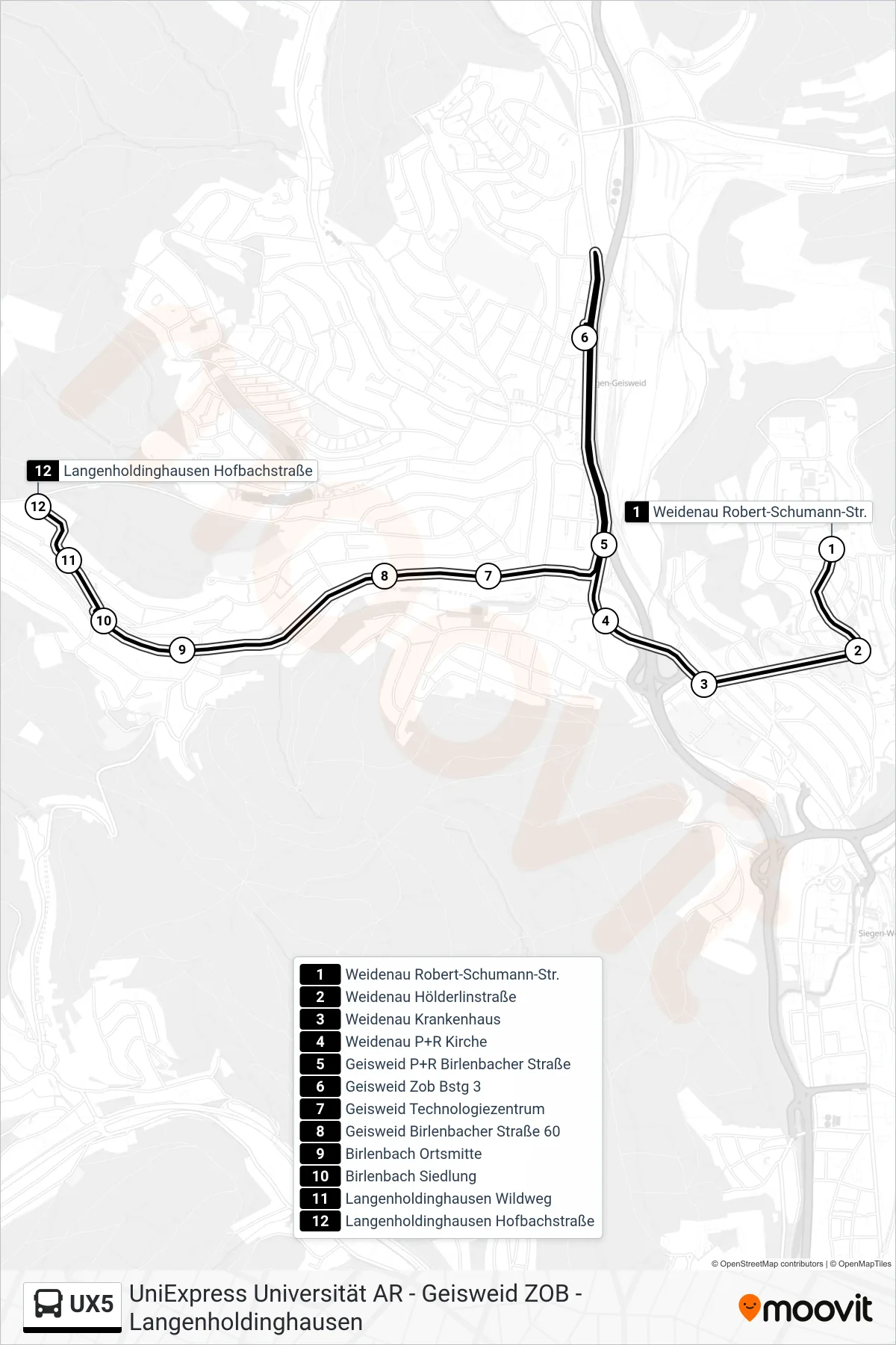 Linie UX5 (Bus) Richtung Langenholdinghausen Hofbachstraße: Route und Haltestellen auf der Karte
