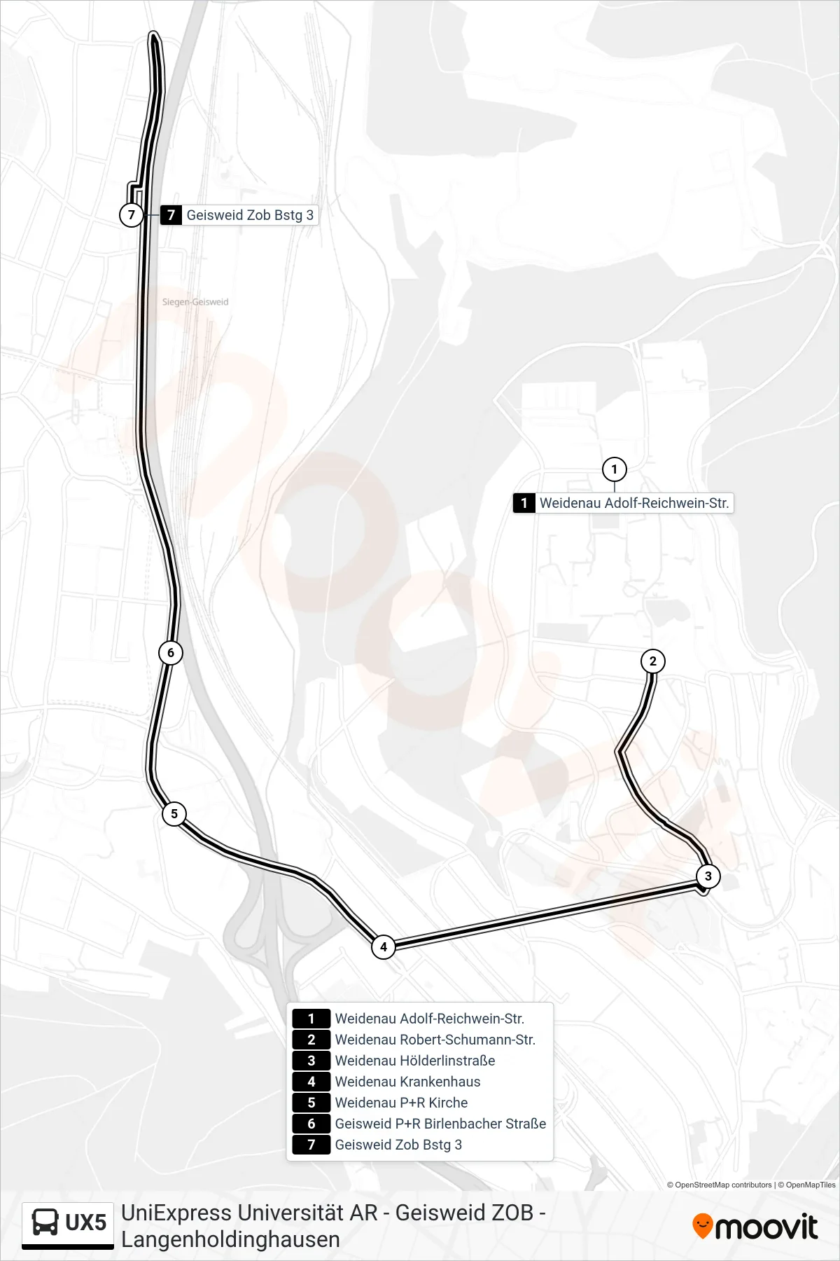 UX5 bus Line (Geisweid Zob Bstg 3) route and stops on a map
