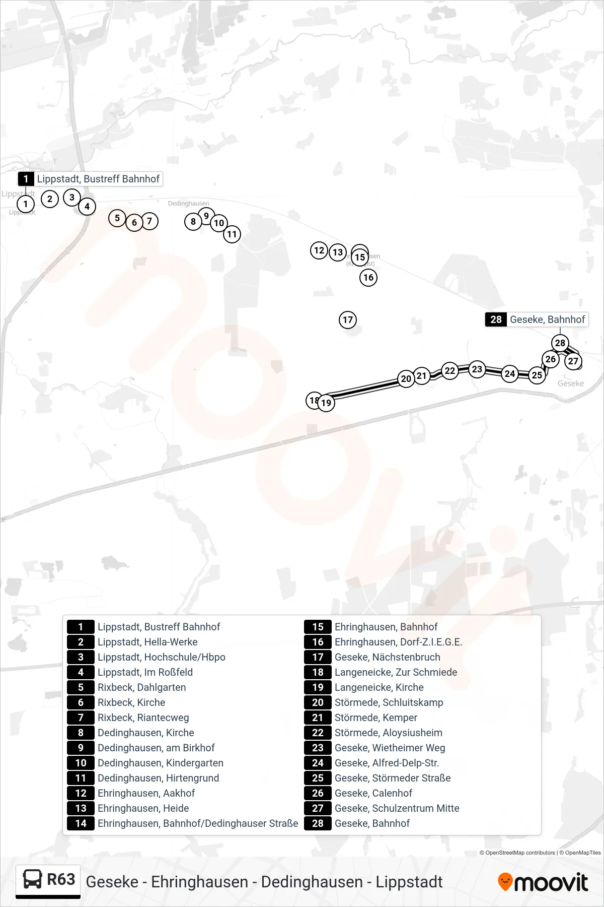 R63 bus Line (Geseke Bhf) route and stops on a map