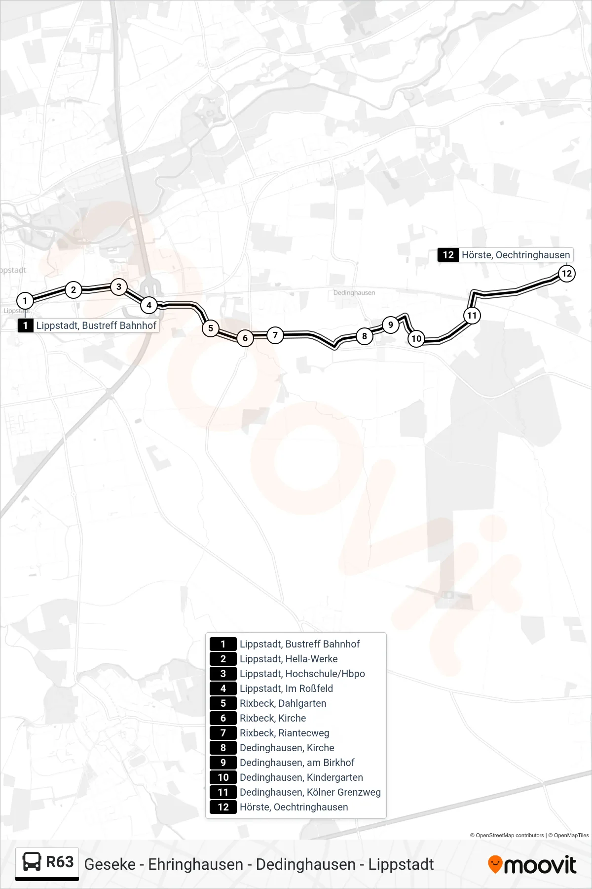 R63 bus Line (Hörste) route and stops on a map