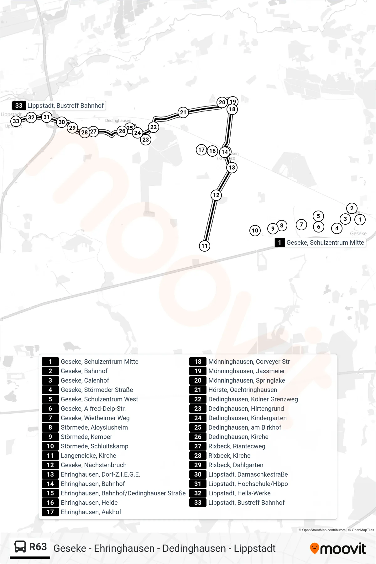 R63 bus Line (Lippstadt Bhf) route and stops on a map