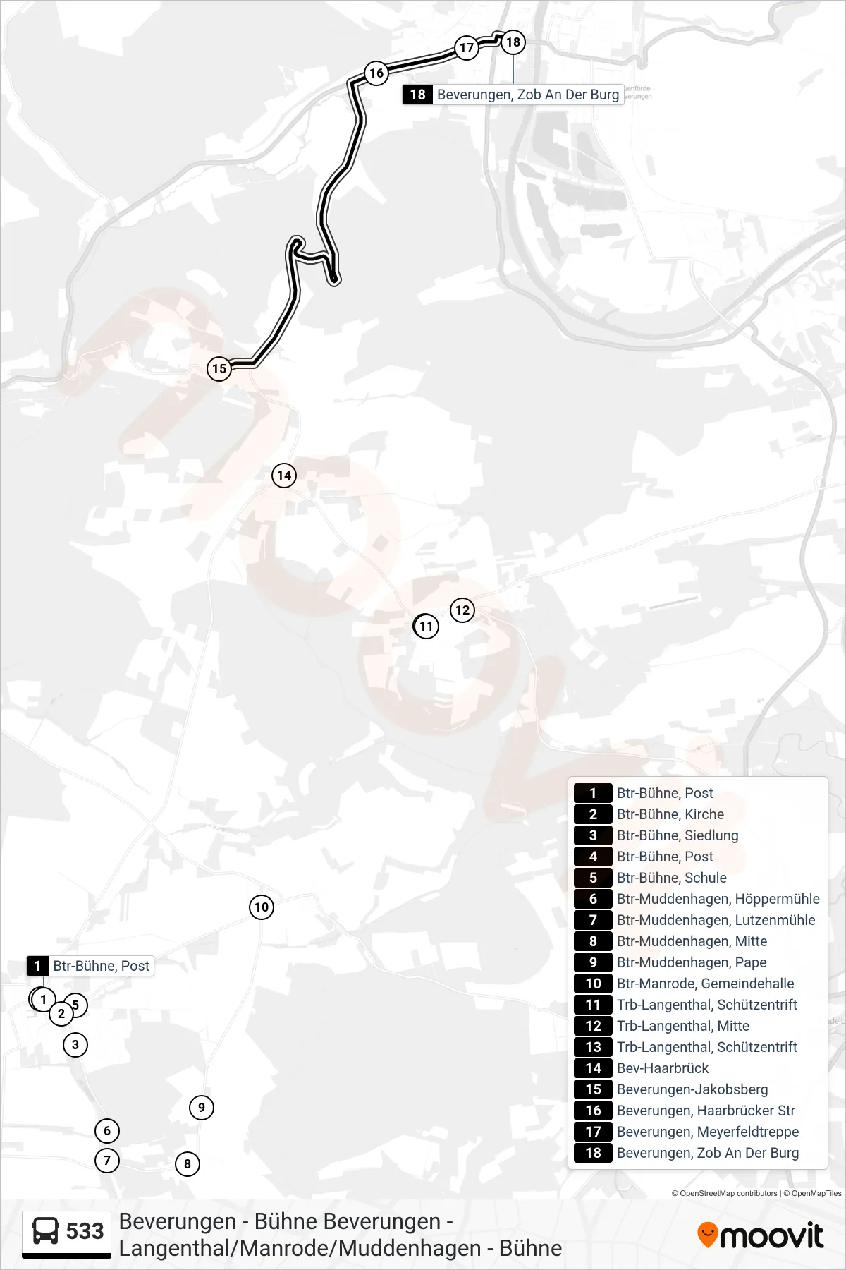 533 bus Line (Beverungen, Zob An Der Burg) route and stops on a map