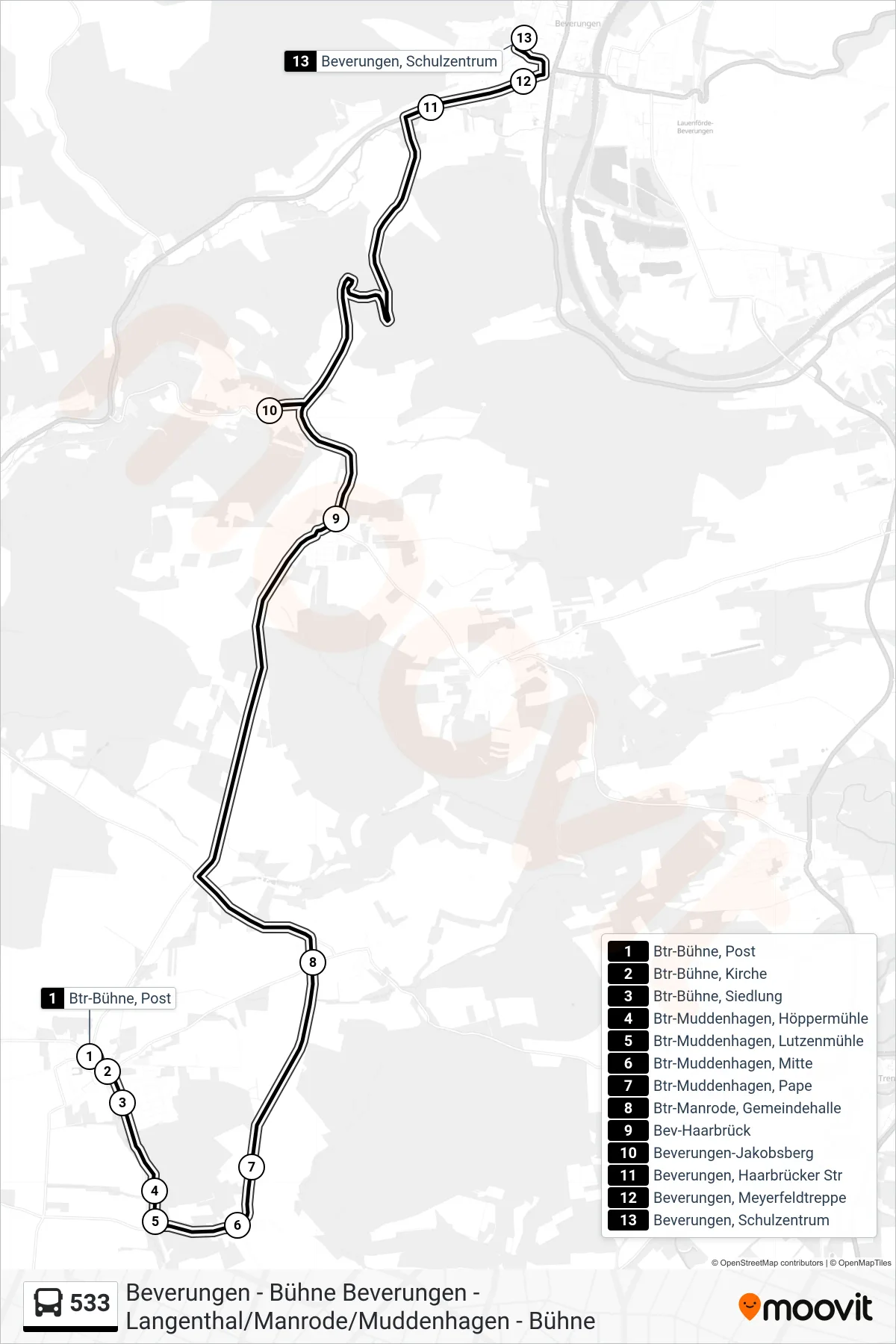 533 bus Line (Beverungen, Schulzentrum) route and stops on a map