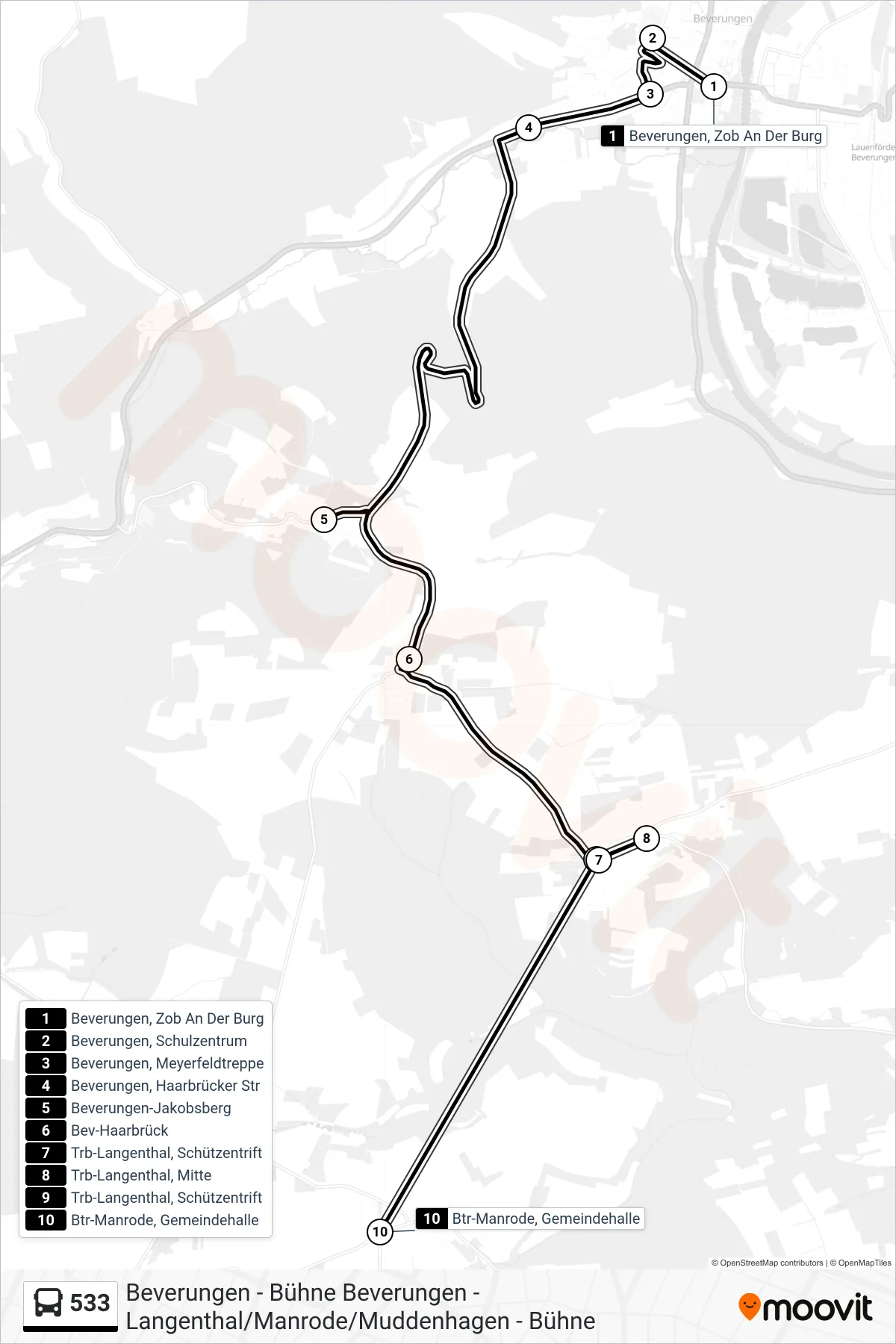 533 bus Line (Btr-Manrode, Gemeindehalle) route and stops on a map