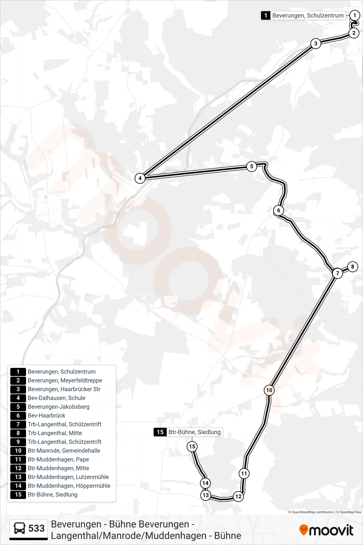 Linie 533 (Bus) Richtung Btr-Bühne, Siedlung: Route und Haltestellen auf der Karte