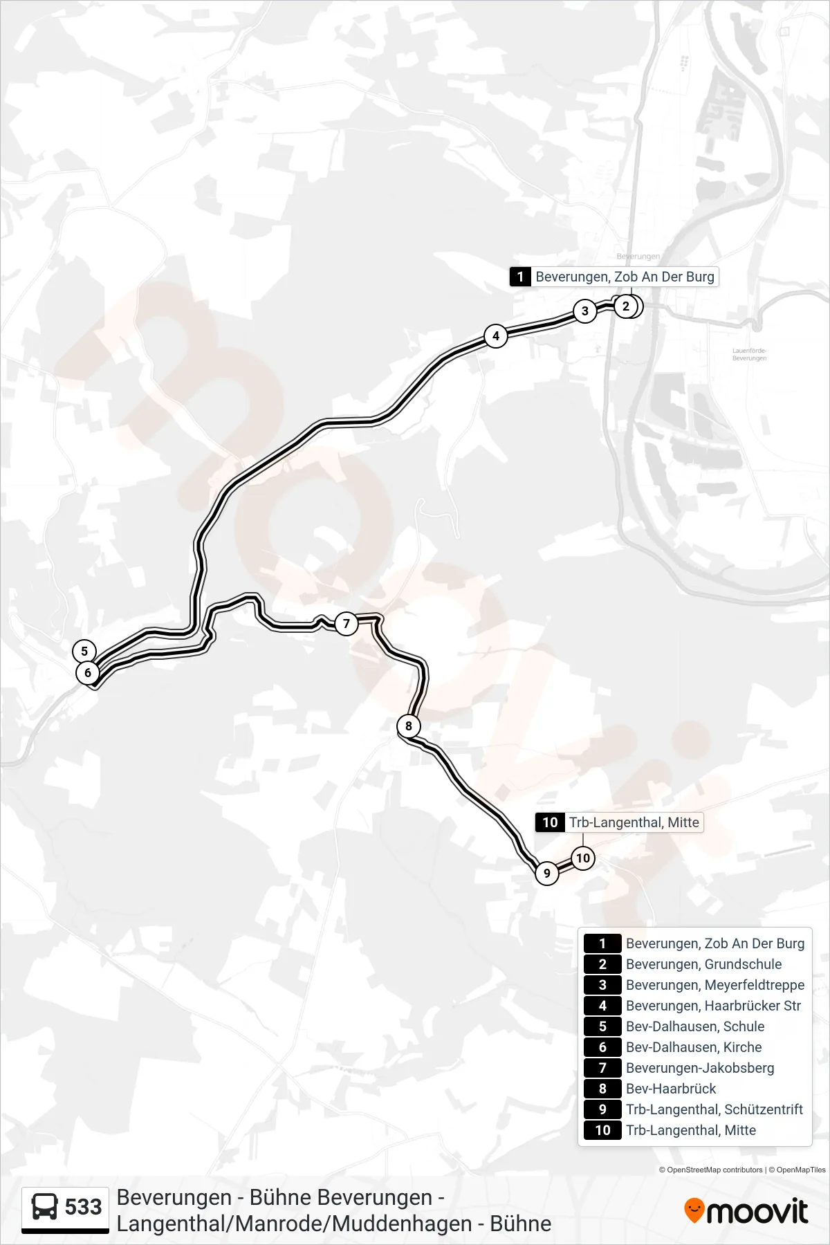 533 bus Line (Trb-Langenthal, Mitte) route and stops on a map