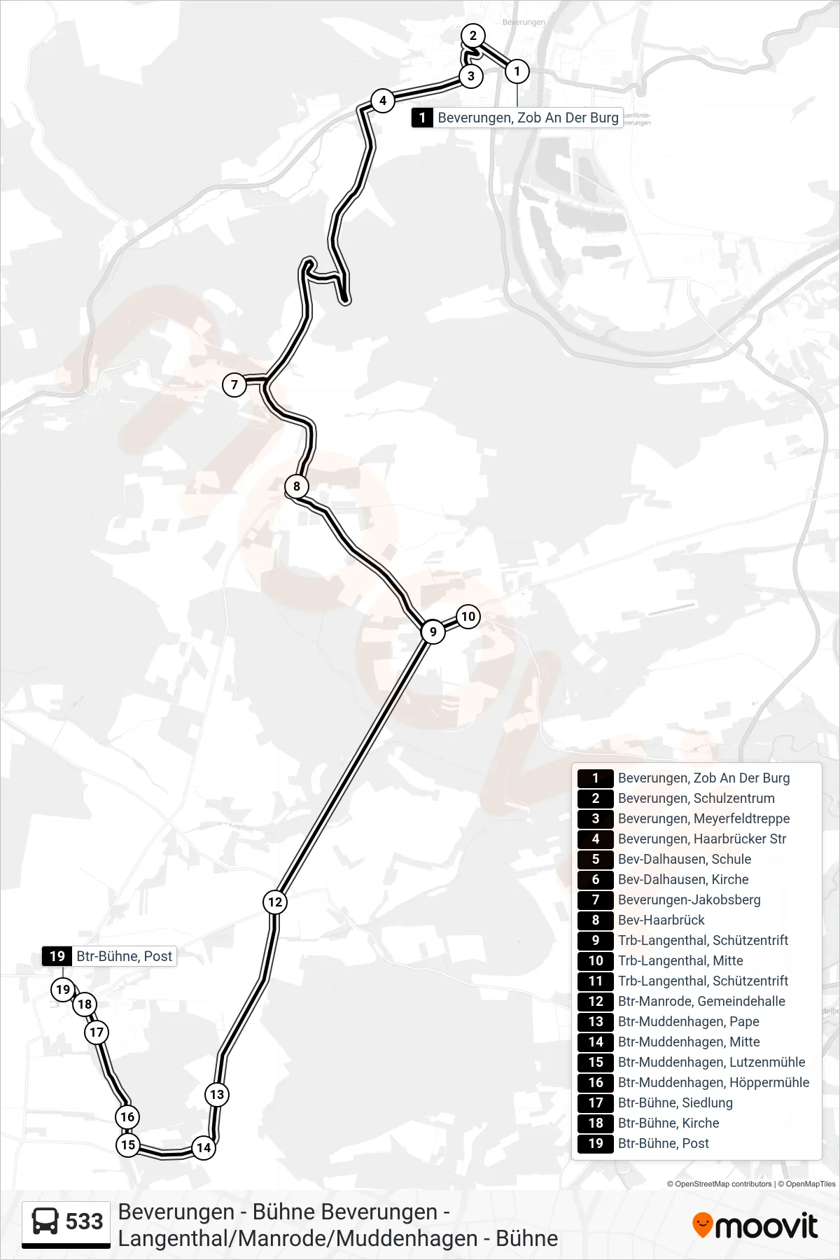Linie 533 (Bus) Richtung Btr-Bühne, Post: Route und Haltestellen auf der Karte