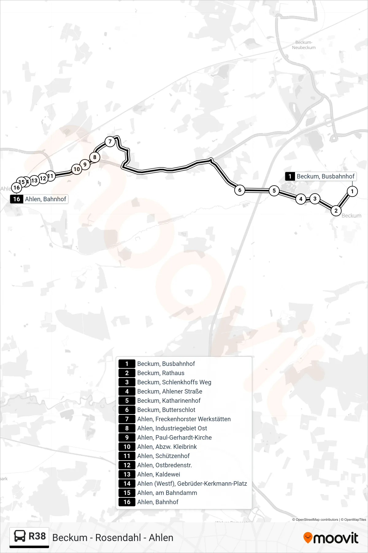 R38 bus Line (Ahlen, Bahnhof Bstg A) route and stops on a map