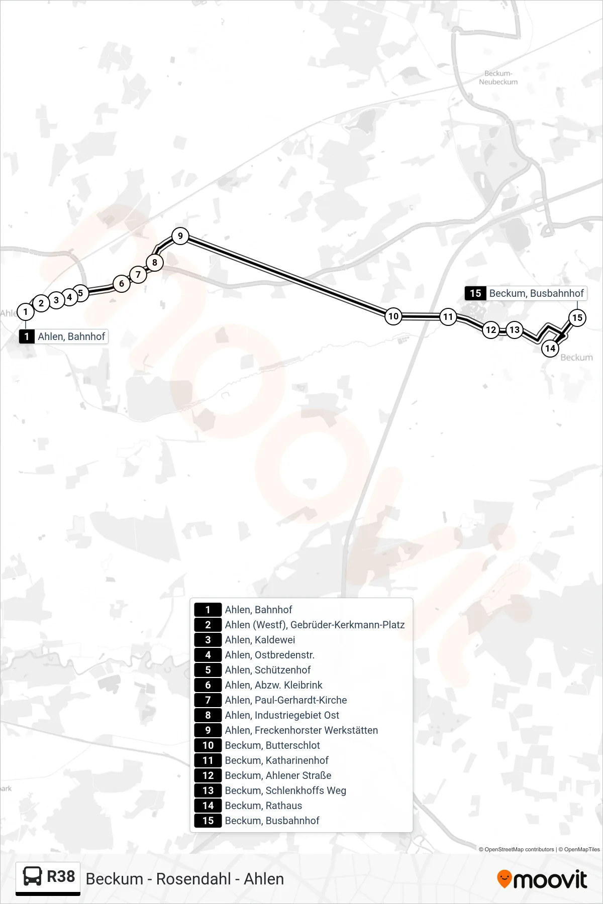 Linie R38 (Bus) Richtung Beckum, Busbahnhof: Route und Haltestellen auf der Karte