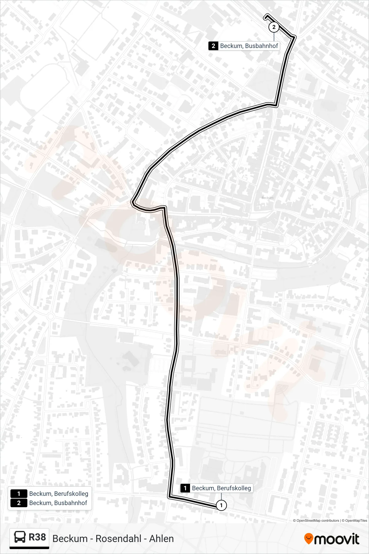 R38 bus Line (Beckum, Busbahnhof) route and stops on a map