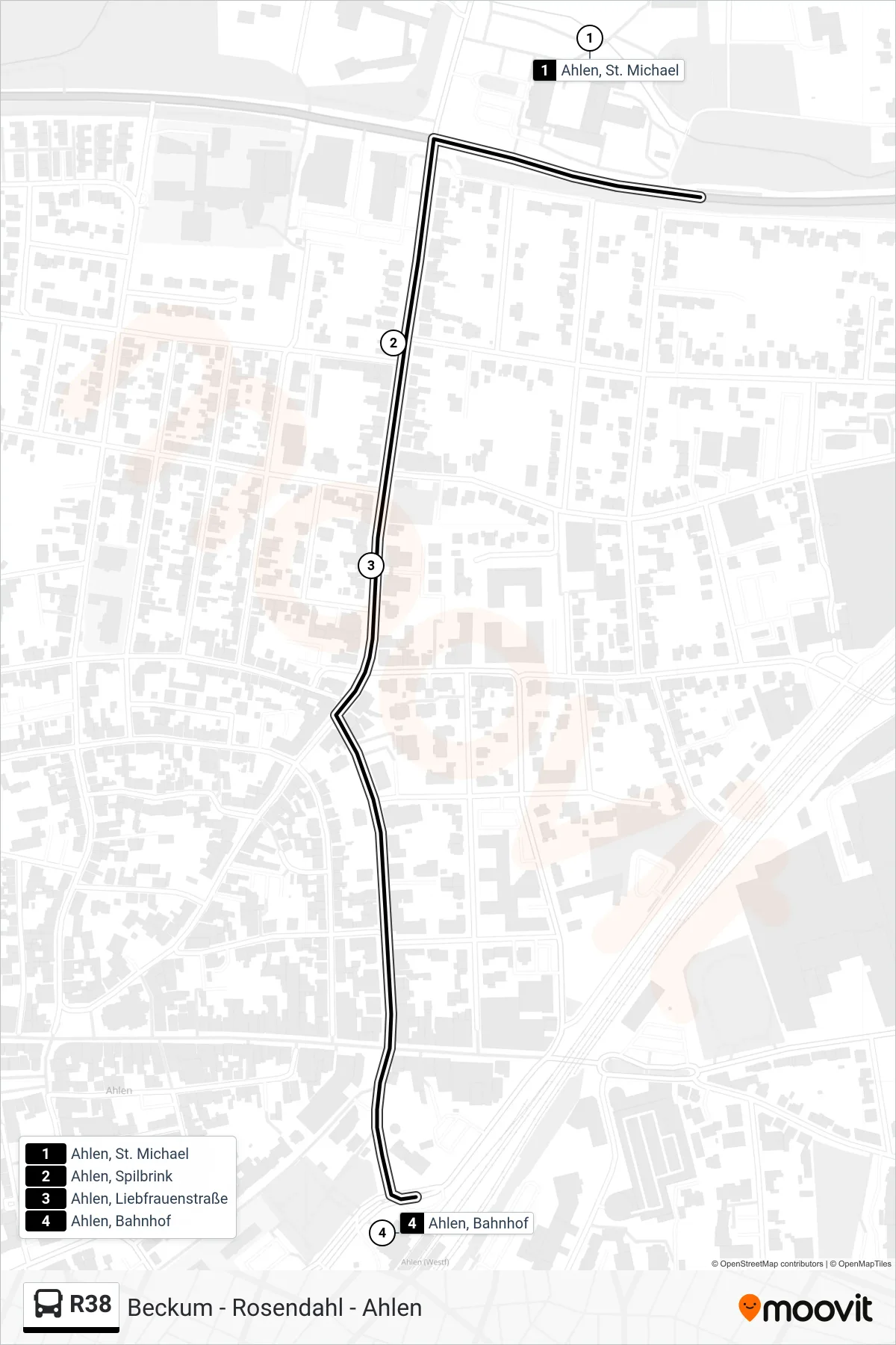 R38 bus Line (Ahlen, Bahnhof Bstg E) route and stops on a map