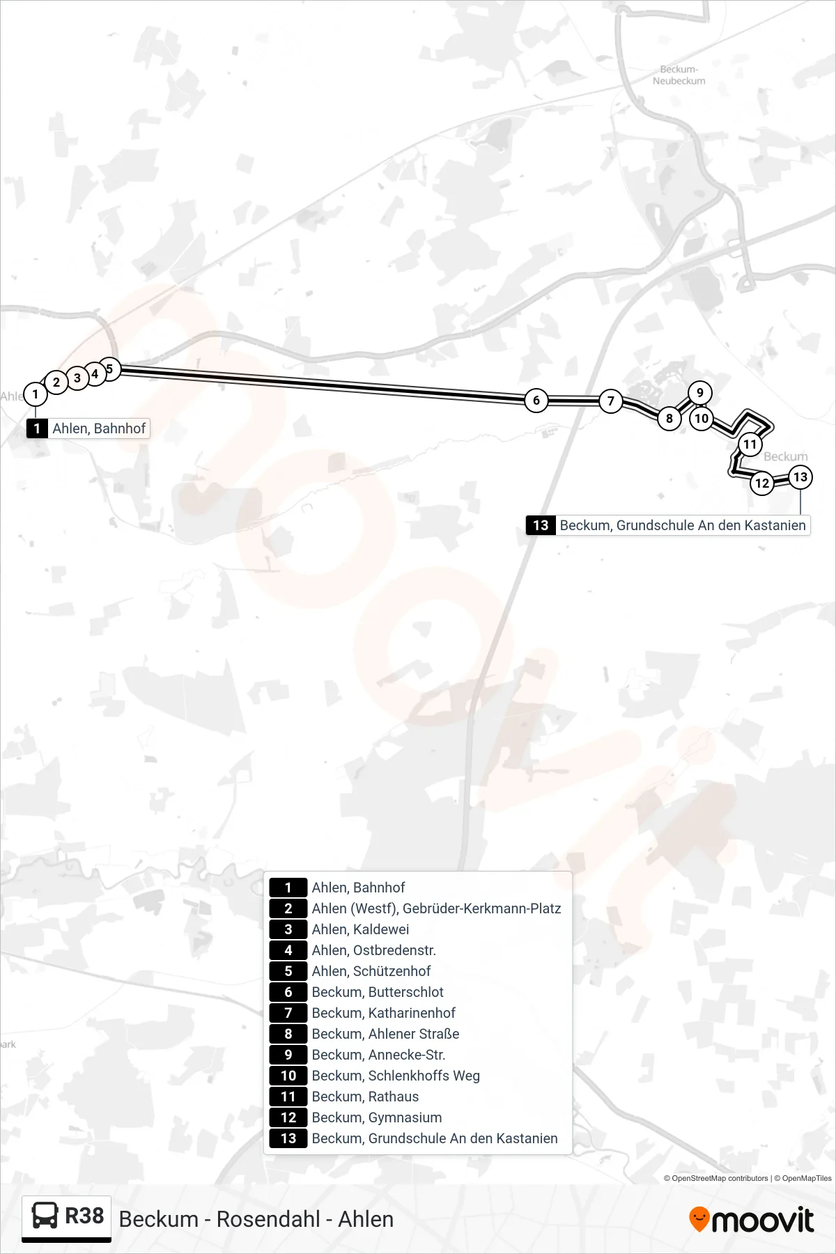 R38 bus Line (Beckum, Grundschule An den Kastanien) route and stops on a map