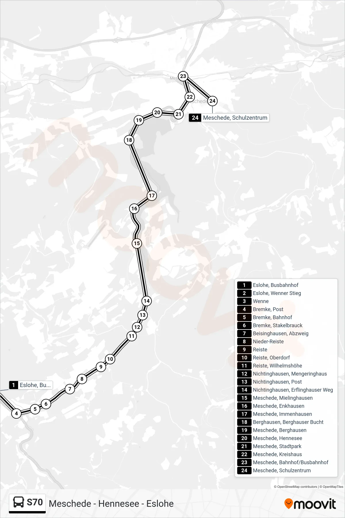 Linie S70 (Bus) Richtung Meschede Schulz.: Route und Haltestellen auf der Karte
