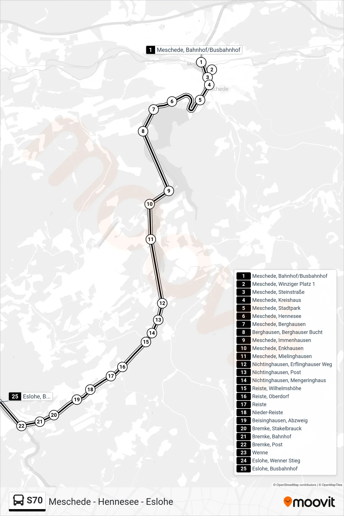 S70 bus Line (Eslohe) route and stops on a map