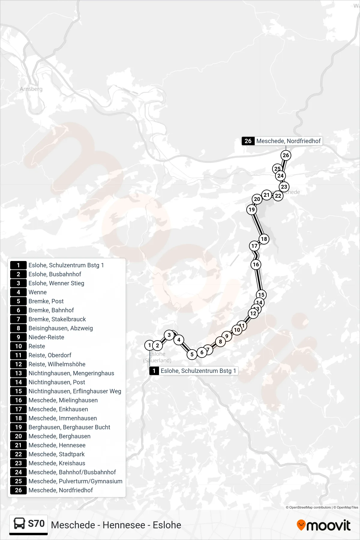 S70 bus Line (Meschede) route and stops on a map