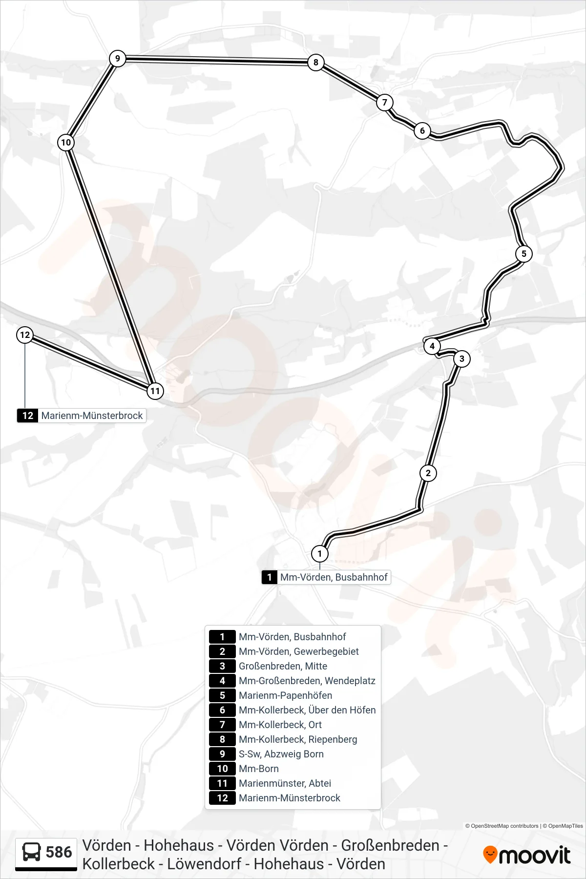 Linie 586 (Bus) Richtung Marienm-Münsterbrock: Route und Haltestellen auf der Karte