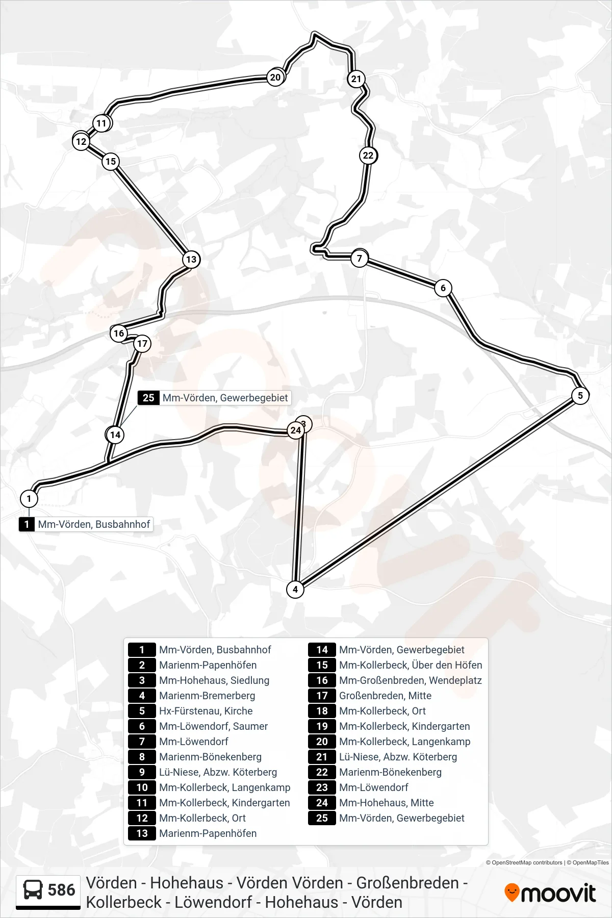 586 bus Line (Mm-Vörden, Busbahnhof Bstg 2) route and stops on a map