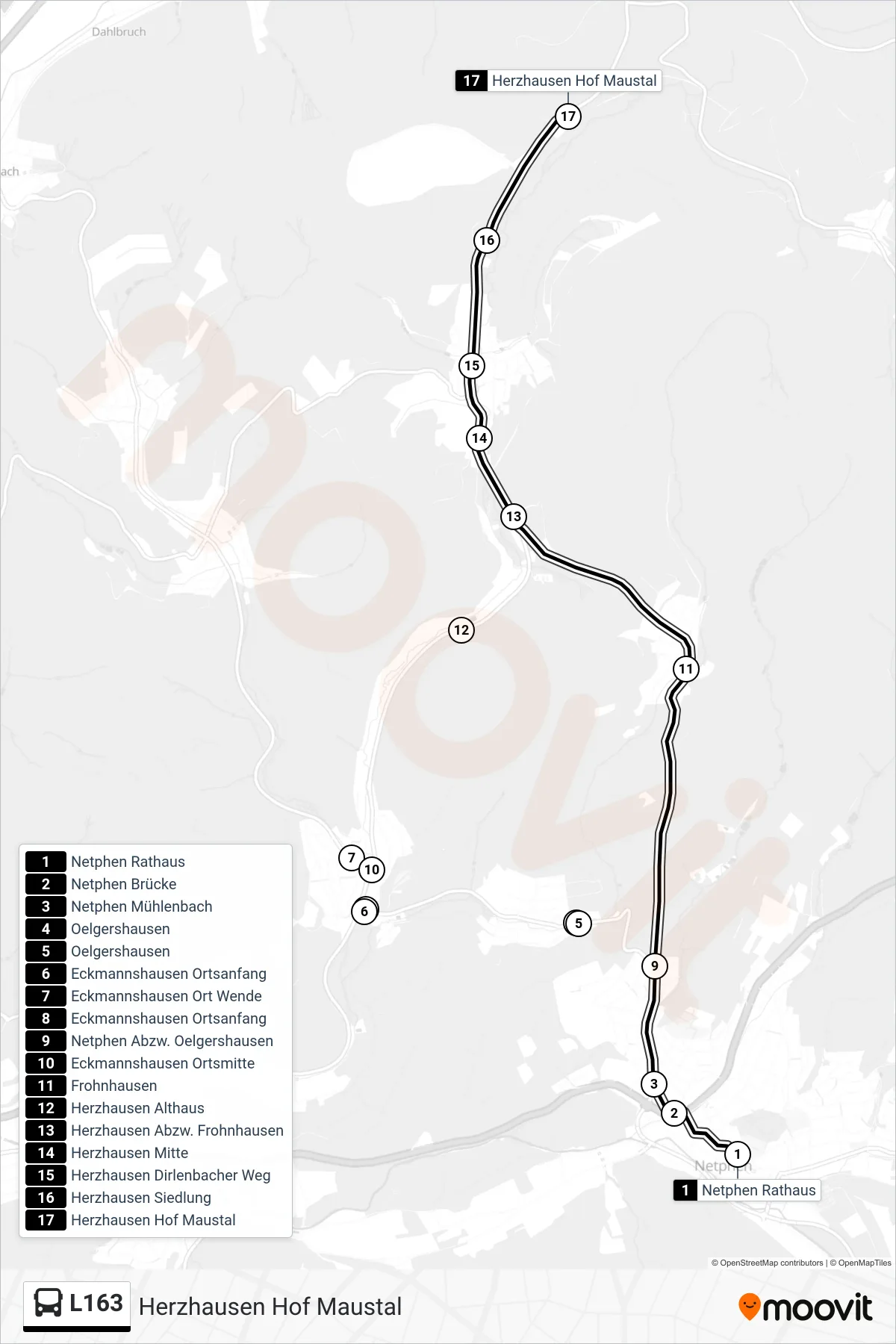 L163 bus Line (Herzhausen Hof Maustal) route and stops on a map