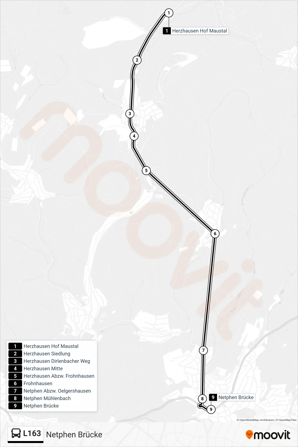 L163 bus Line (Netphen Brücke) route and stops on a map