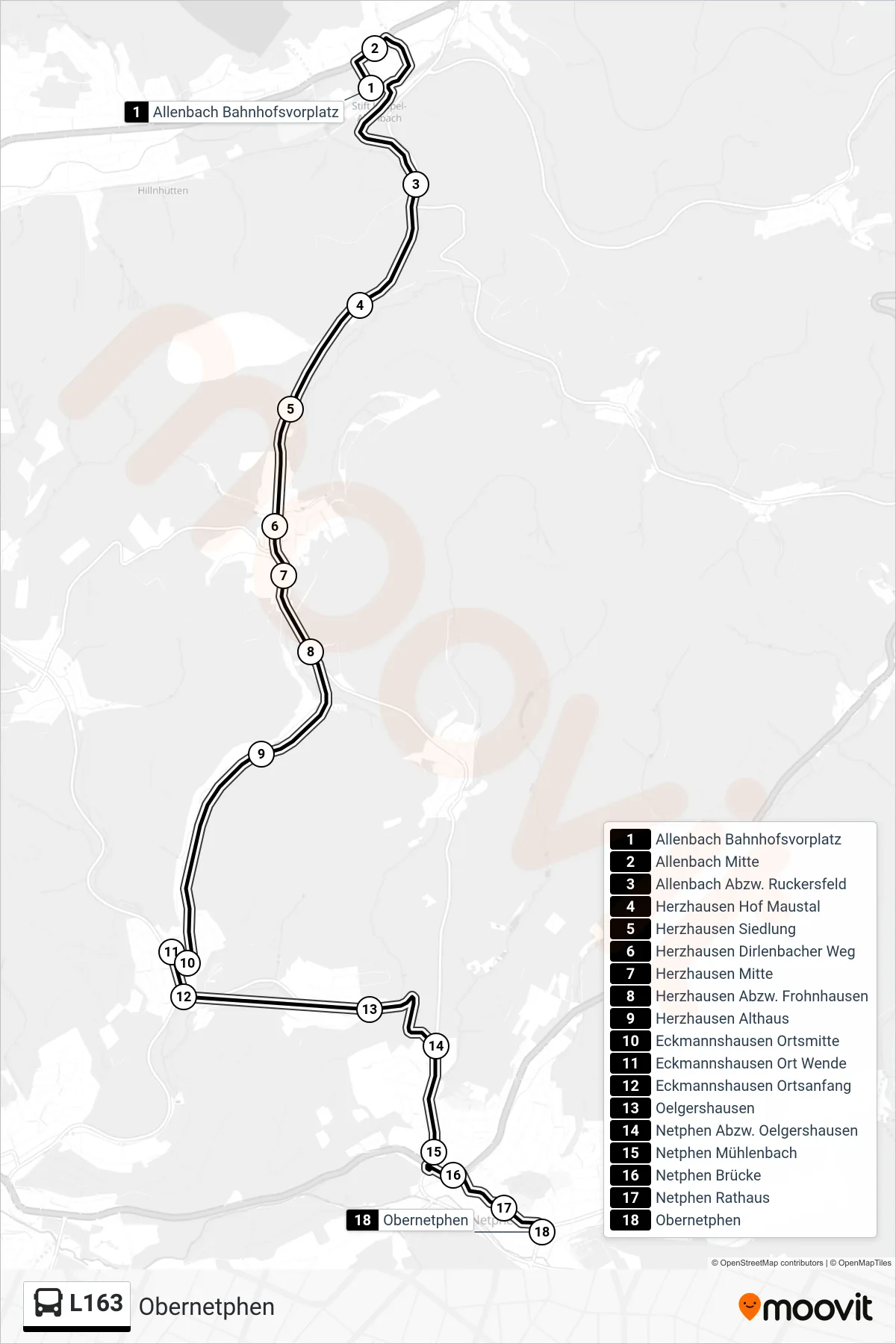 L163 bus Line (Obernetphen) route and stops on a map