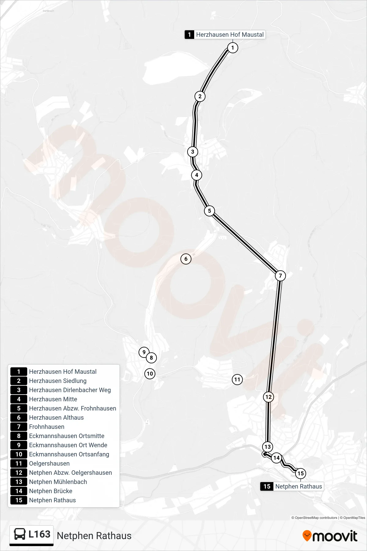 L163 bus Line (Netphen Rathaus) route and stops on a map