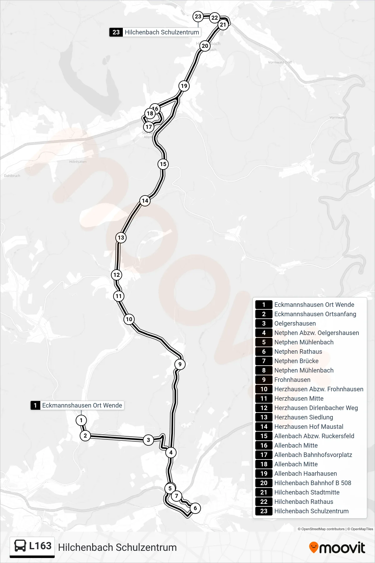 L163 bus Line (Hilchenbach Schulzentrum) route and stops on a map