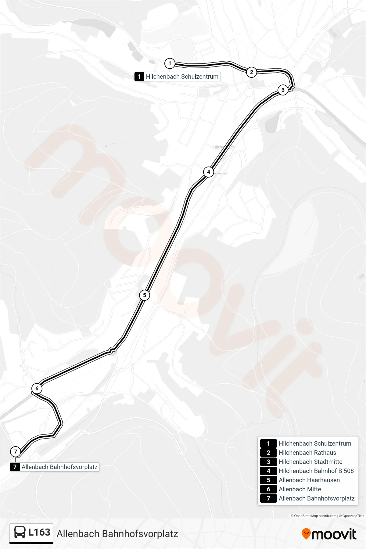 L163 bus Line (Allenbach Bahnhofsvorplatz) route and stops on a map
