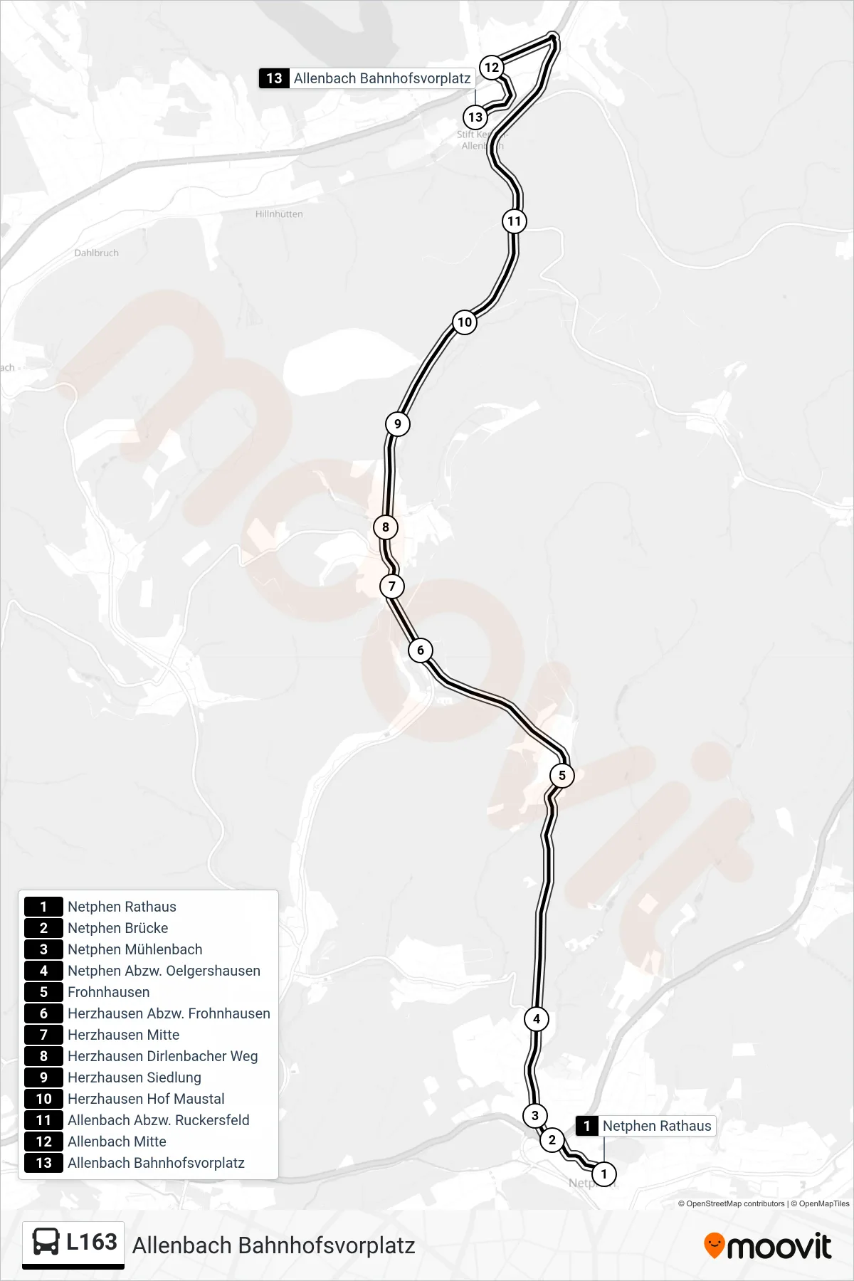 L163 bus Line (Allenbach Bahnhofsvorplatz) route and stops on a map