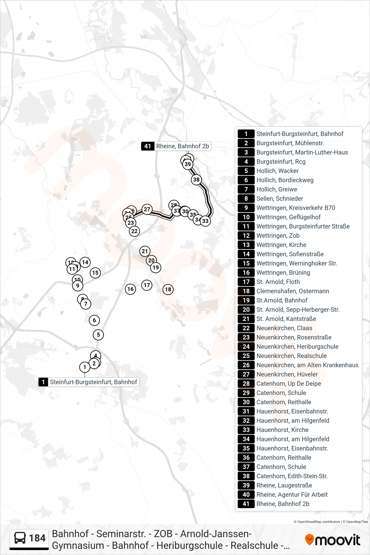 184 bus Line (Rheine, Bahnhof 2b) route and stops on a map